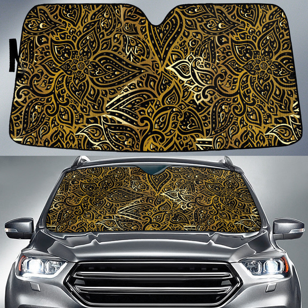Gold Line Tropical Mirrored Flower Paisley Pattern Black Theme Car Sun Shades Cover Auto Windshield Coolspod