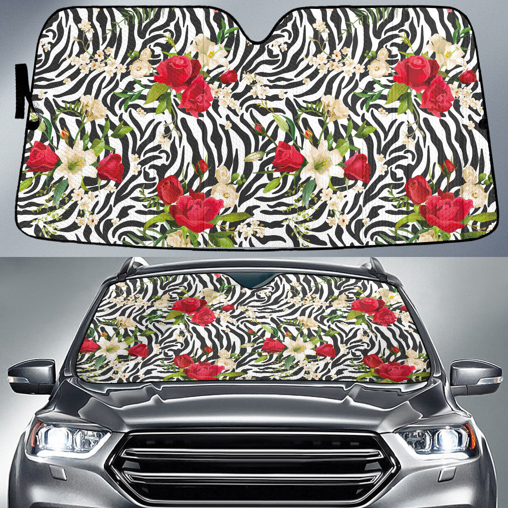 Red Rose And White Lily Flower Zebra Skin Texture Car Sun Shades Cover Auto Windshield Coolspod