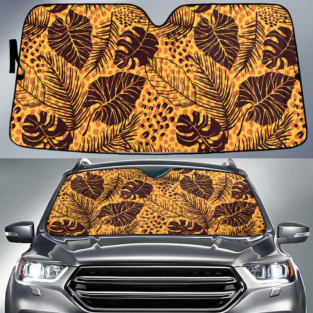 Tropical Leaves Over Orange Tone Leopard Skin Texture Car Sun Shades Cover Auto Windshield Coolspod