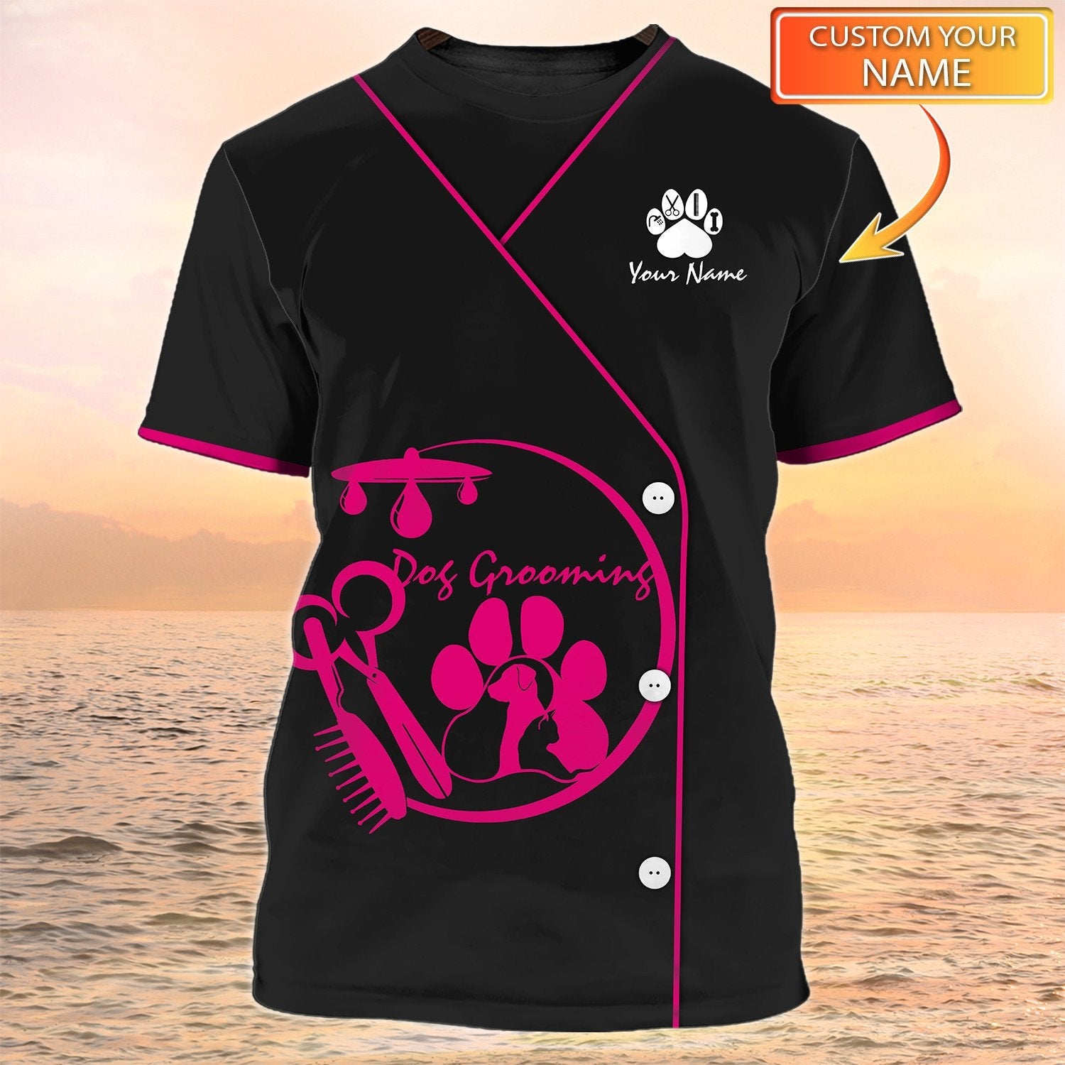 Dog Groomer Custom T Shirt Pet Groomer Uniform Pink Salon Pet Personalized Name 3D Tshirt