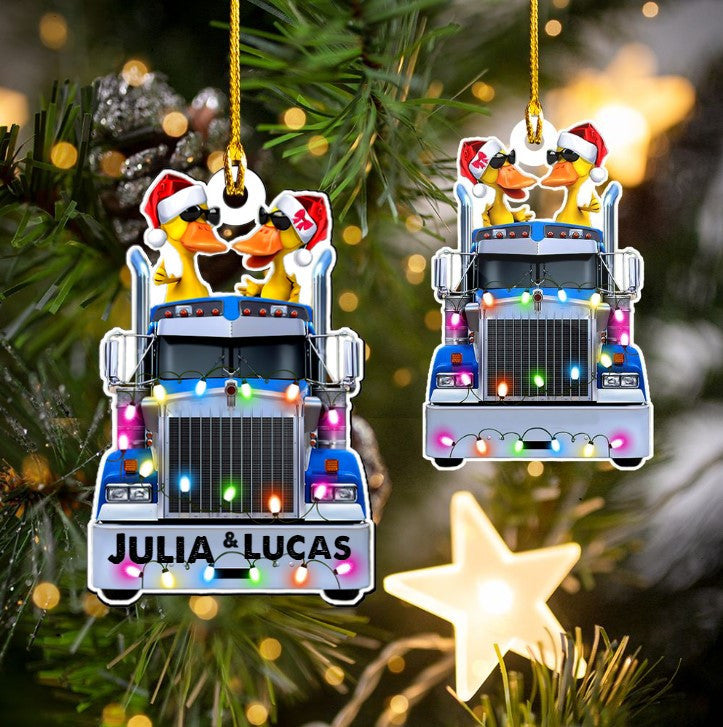 Personalized Funny Duck Couple on Truck Christmas Ornament for Truck Drivers