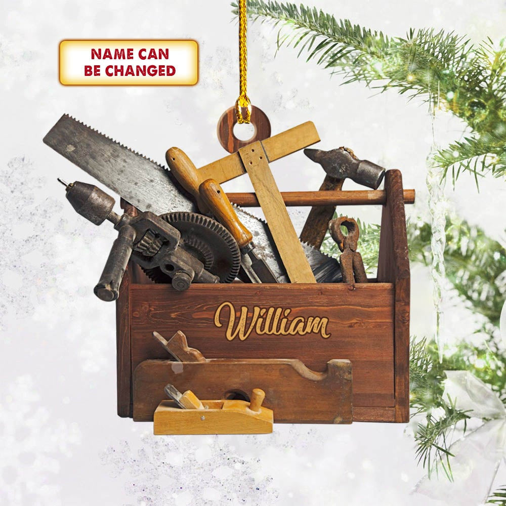 Personalized Carpenter Ornament Tool Box With Name Shaped Acrylic Ornament