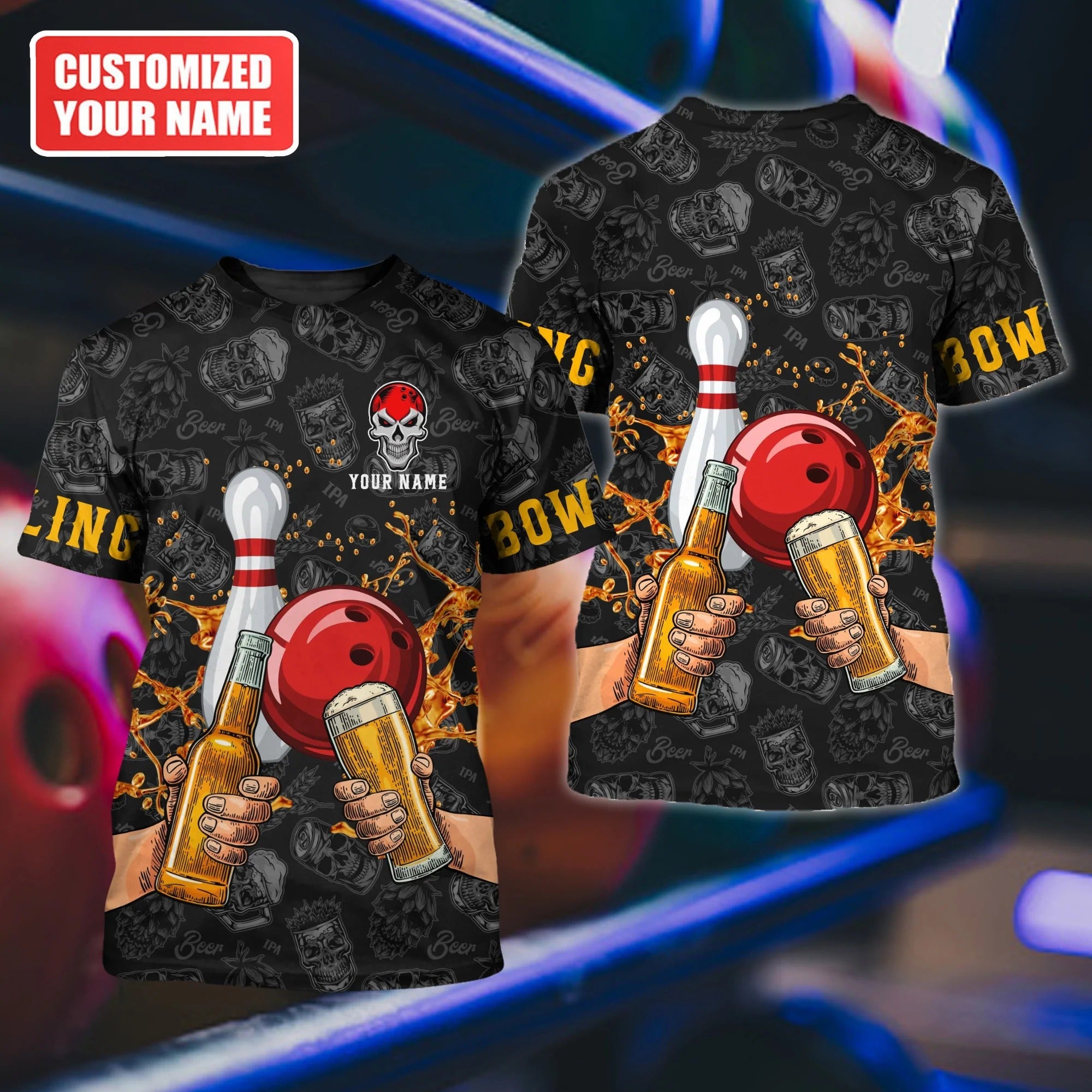 Custom Mens Bowling Shirt/ 3D All Over Print Beer and Bowling Tee Shirt Skull Pattern/ Bowler Shirts
