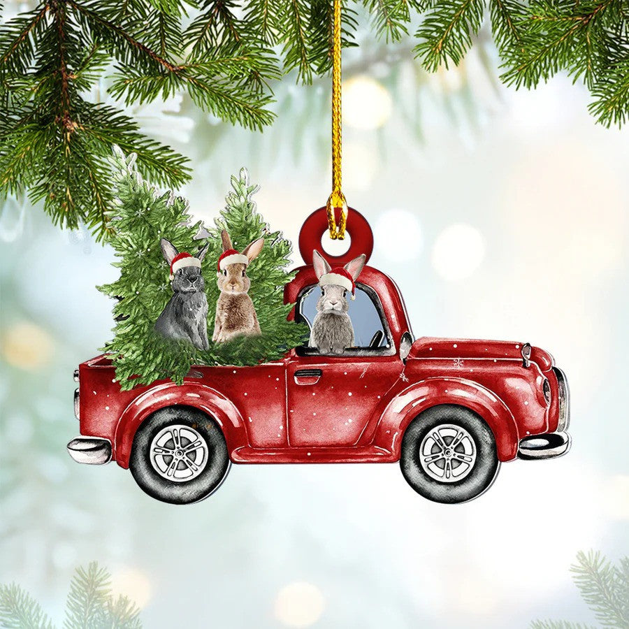 Rabbit with Red Truck Christmas Ornament Custom Shaped Acrylic Ornament for Rabbit Lovers