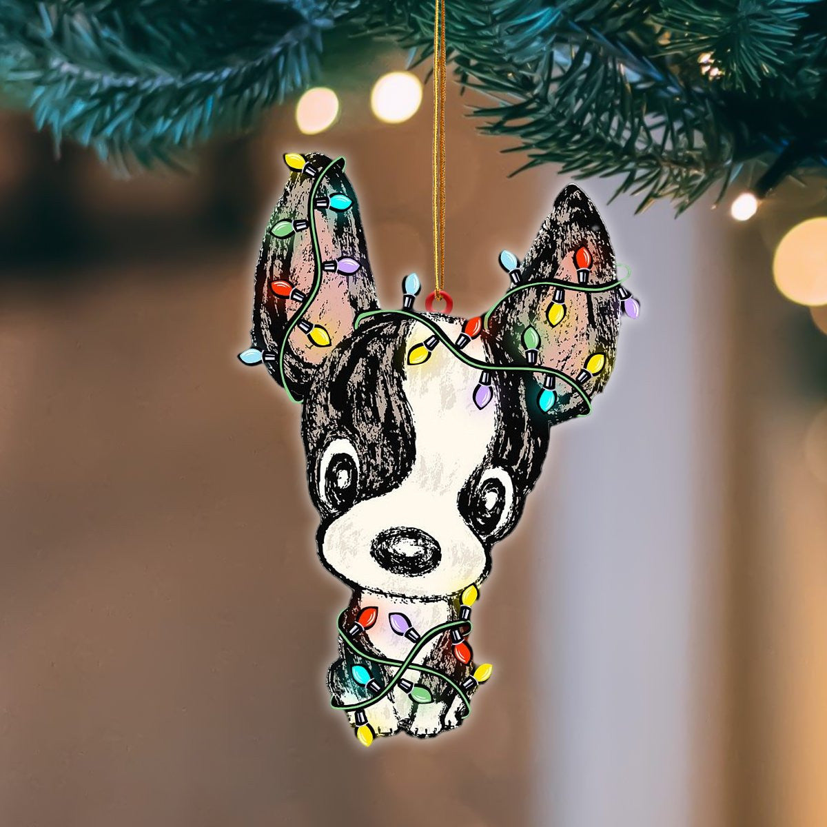 Boston Terrier Christmas Light Hanging Flat Acrylic Ornament