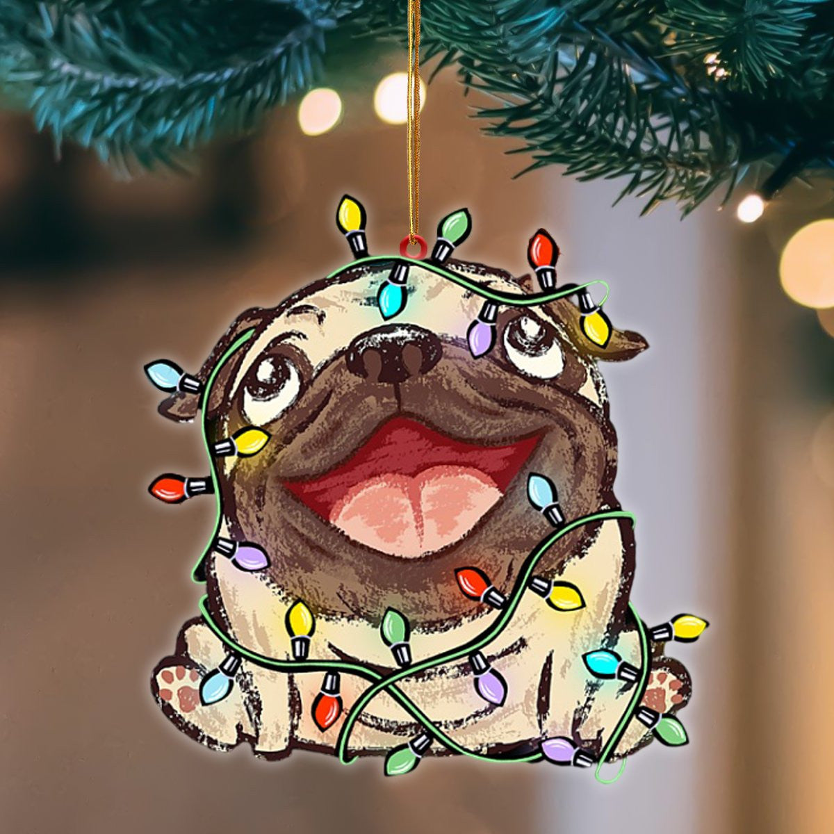 Pug Christmas Light Hanging Flat Acrylic Ornament