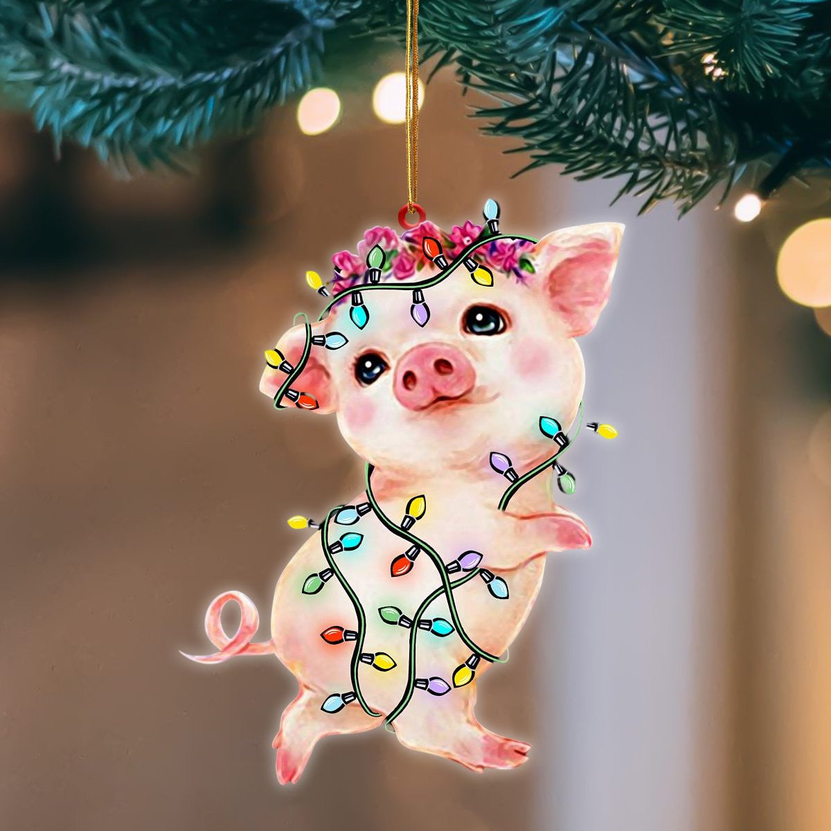 Pig Christmas Light Hanging Flat Acrylic Ornament