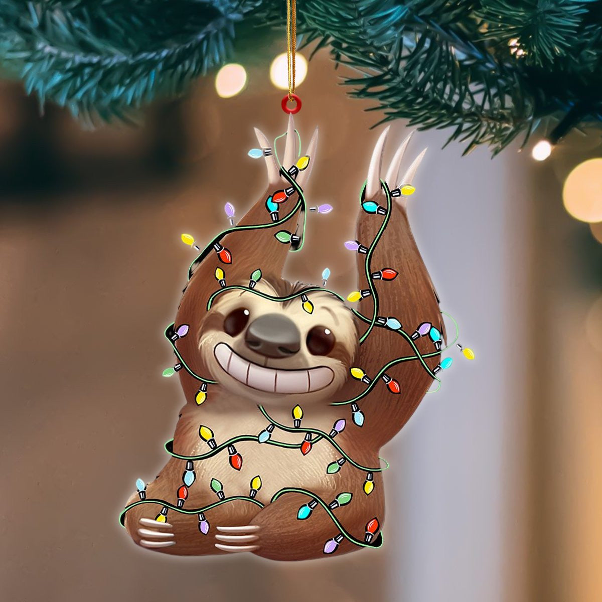 Sloth Christmas Light Hanging Flat Acrylic Ornament