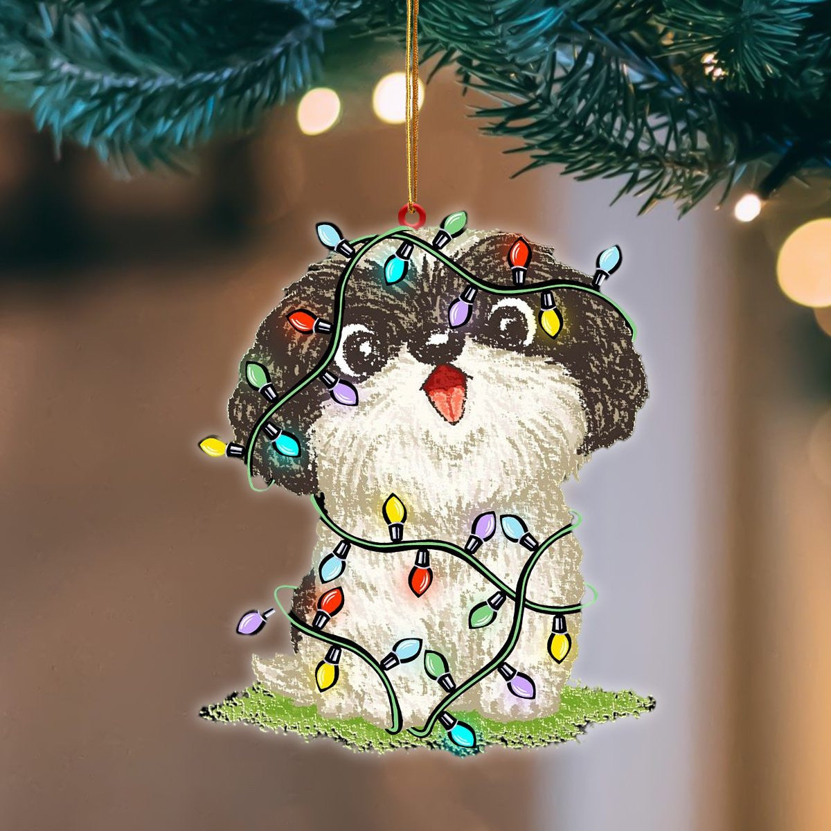 Shih Tzu Christmas Light Hanging Flat Acrylic Ornament