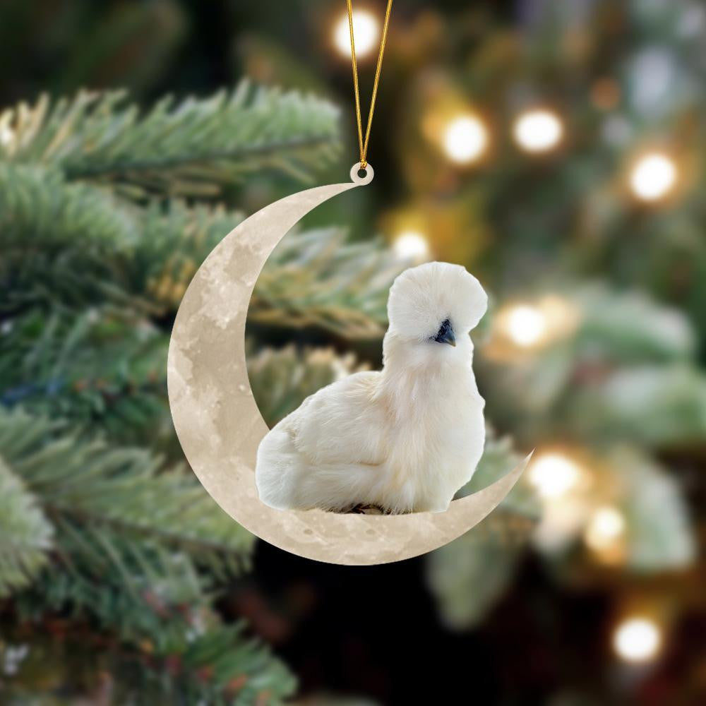 Furry Silkie Chicken Sits On The Moon Hanging Flat Acrylic Ornament