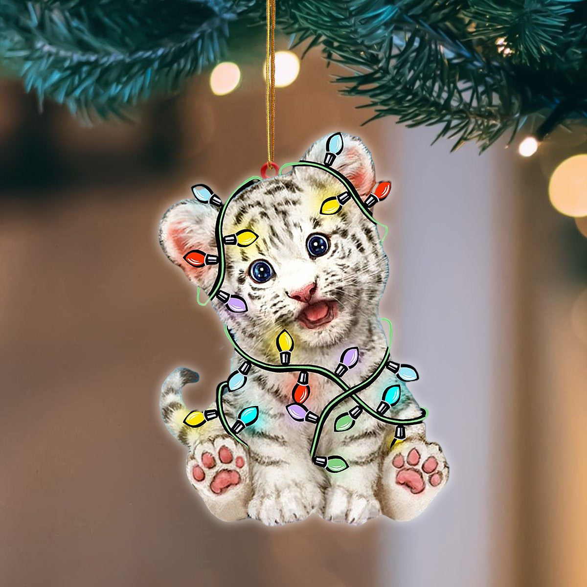 White Tiger Christmas Light Hanging Flat Acrylic Ornament