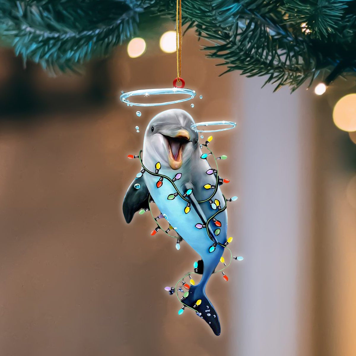 Dolphin Christmas Light Hanging Flat Acrylic Ornament
