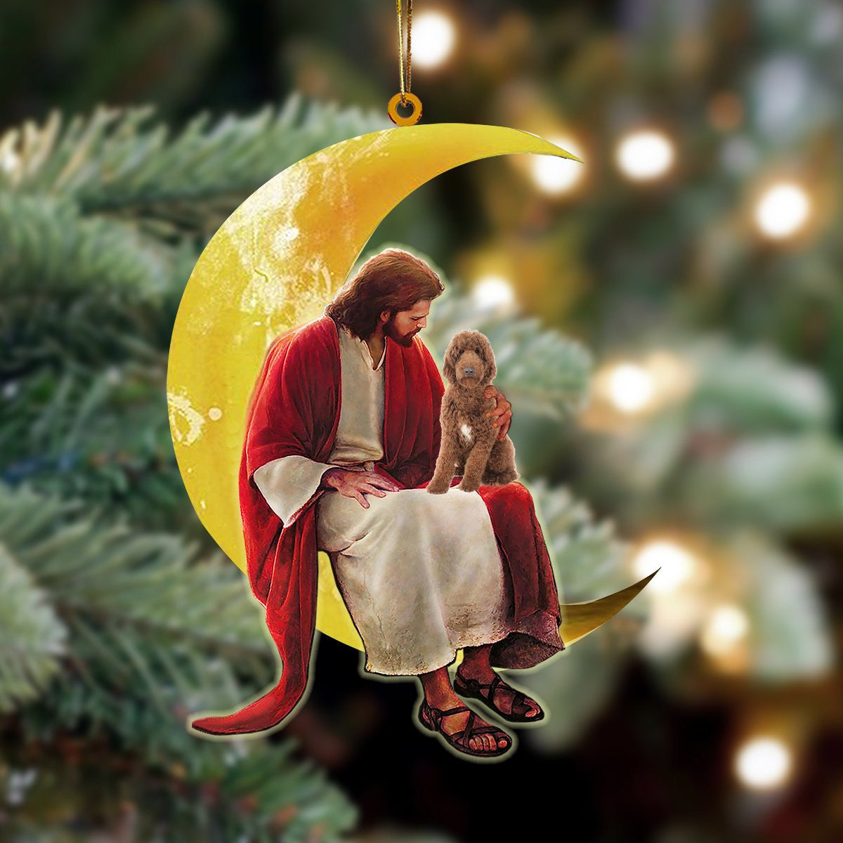 Goldendoodle And Jesus Sitting On The Moon Hanging Acrylic Ornament for Dog Lovers