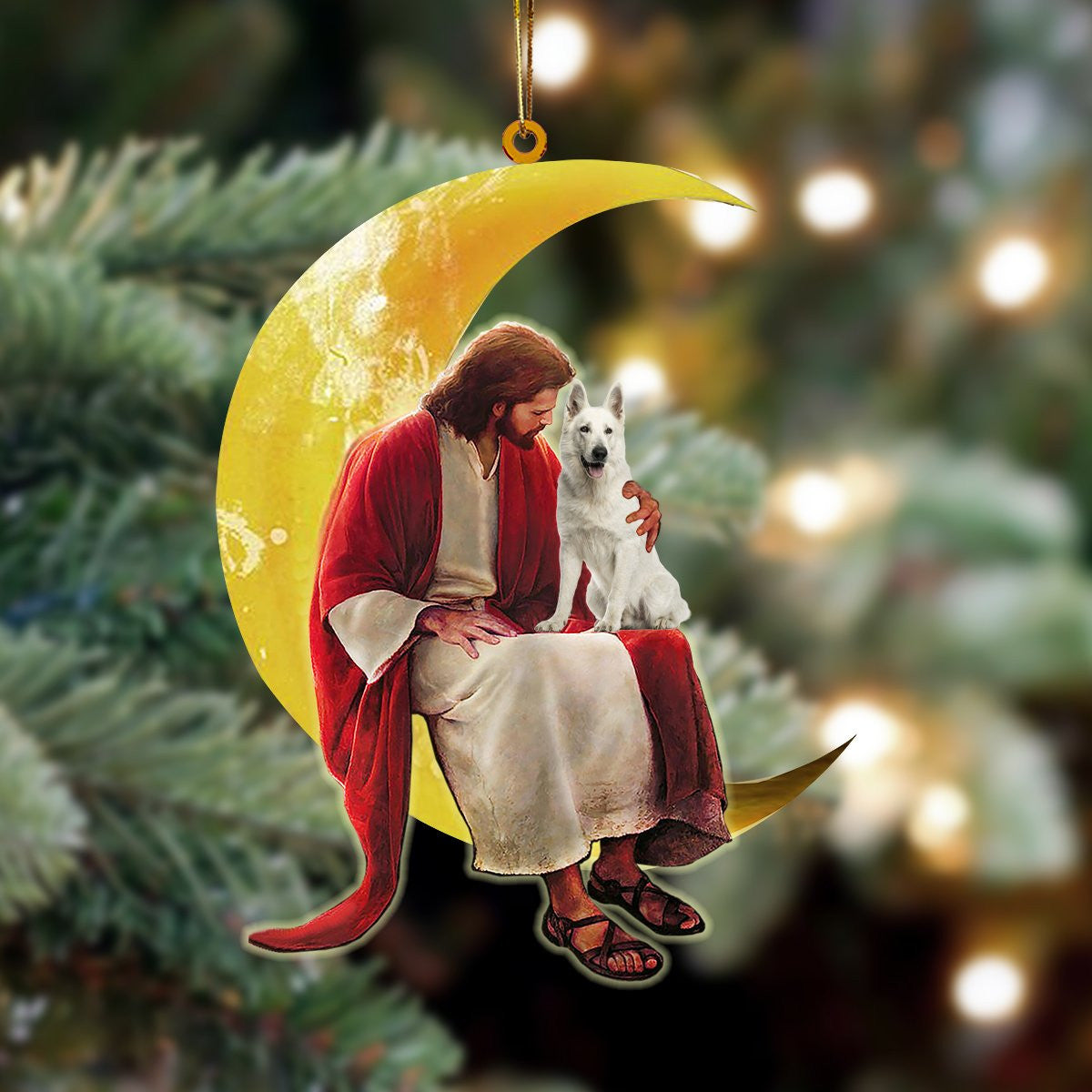 White German Shepherd And Jesus Sitting On The Moon Hanging Acrylic Ornament for Dog Lovers