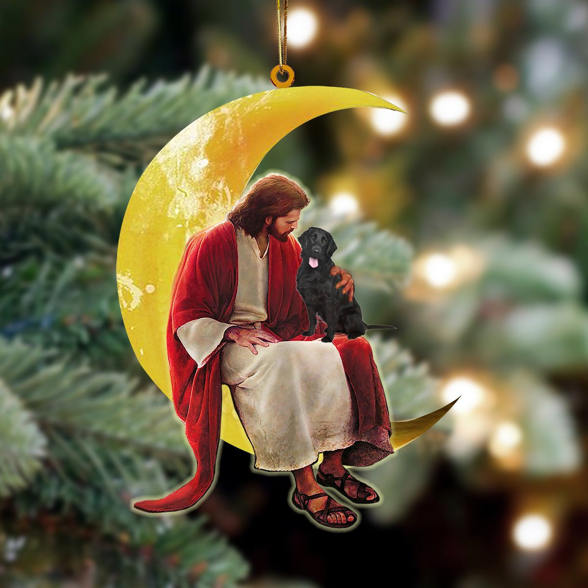 Flat Coat Retriever And Jesus Sitting On The Moon Hanging Acrylic Ornament for Dog Lovers