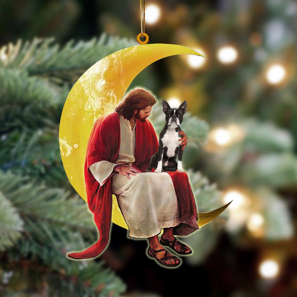 Boston Terrier And Jesus Sitting On The Moon Hanging Acrylic Ornament for Dog Lovers