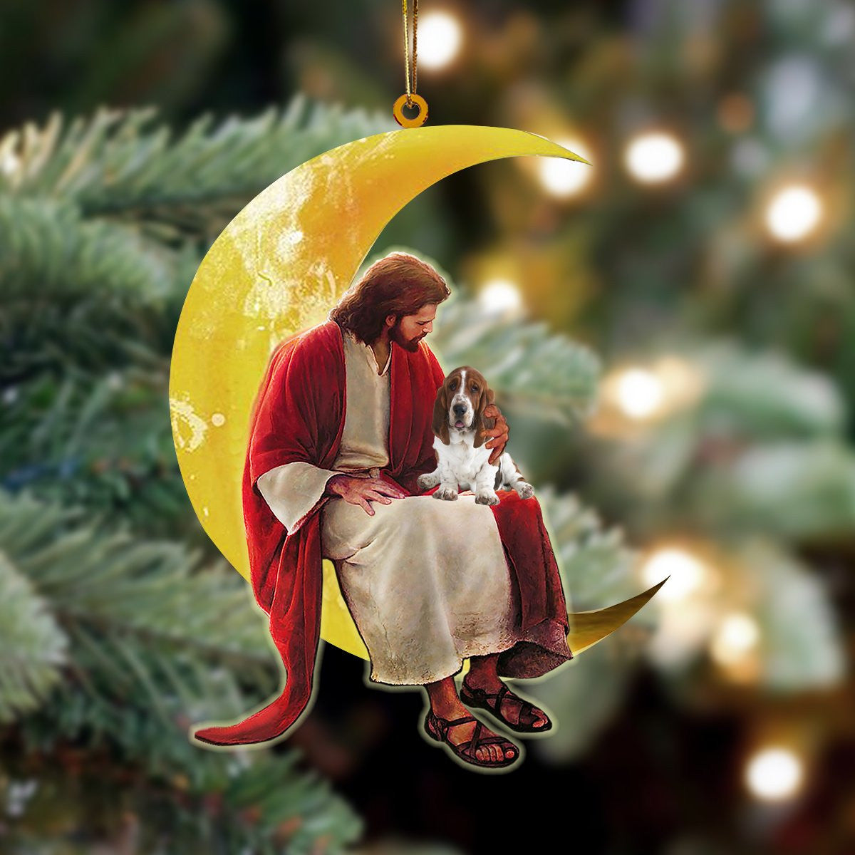 Basset Hound And Jesus Sitting On The Moon Hanging Acrylic Ornament for Dog Lovers