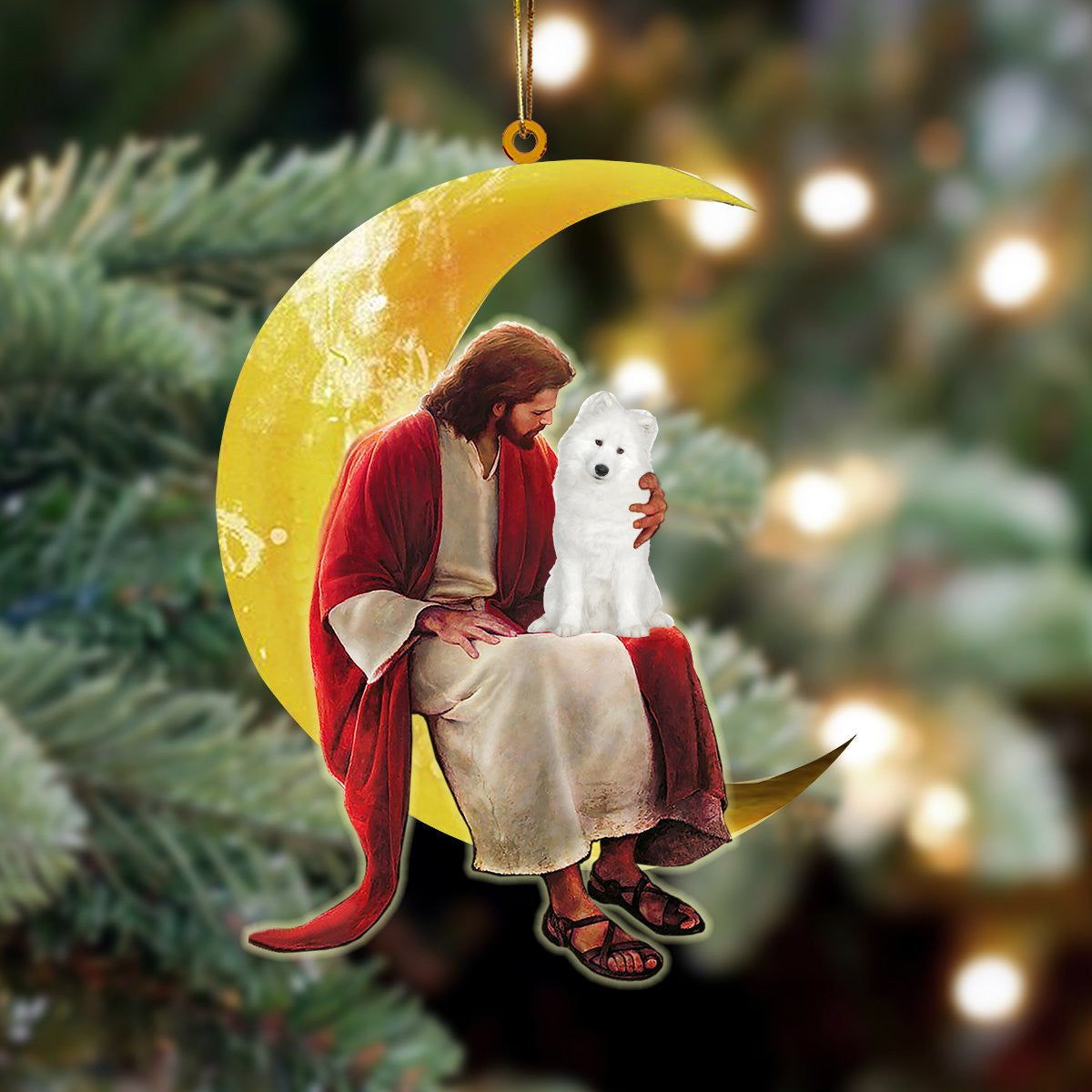 Samoyed And Jesus Sitting On The Moon Hanging Acrylic Ornament for Dog Lovers