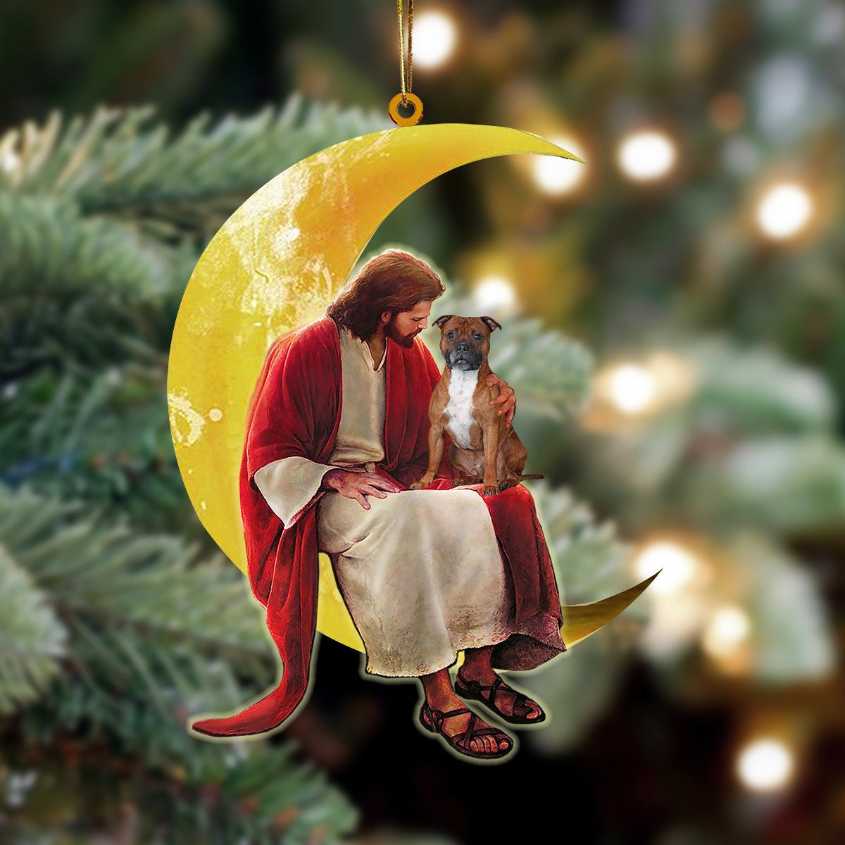 Staffordshire Bull Terrier And Jesus Sitting On The Moon Hanging Acrylic Ornament for Dog Lovers