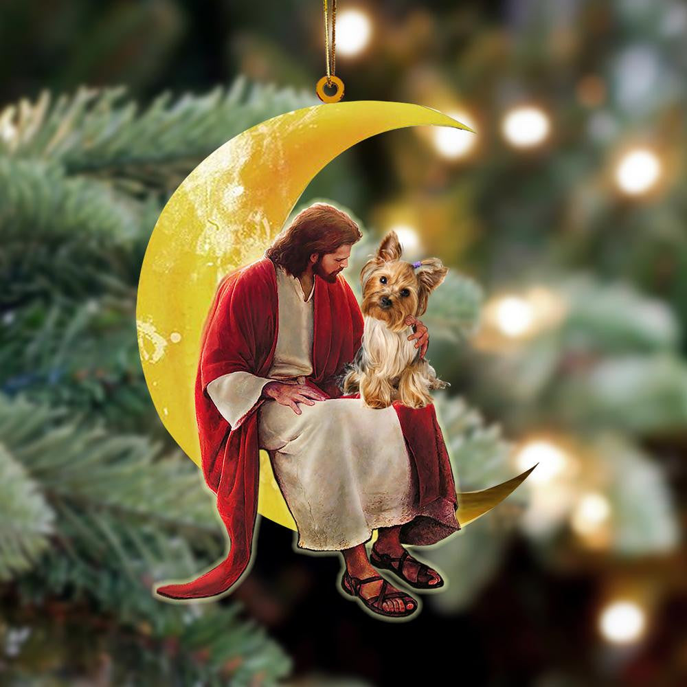 Yorkshire Terrier And Jesus Sitting On The Moon Hanging Acrylic Ornament for Dog Lovers