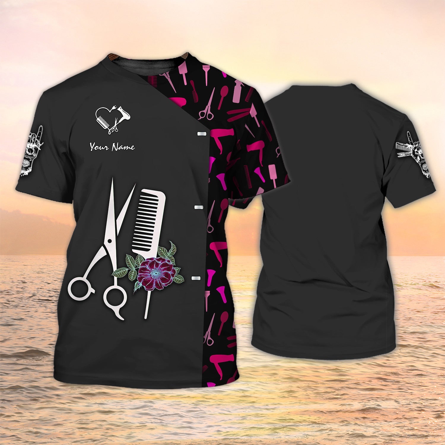 Hairdresser Shirts Barber Tools Design Shirts Hairstylist 3D Tshirt Custom Hair Salon Uniform Black Pink