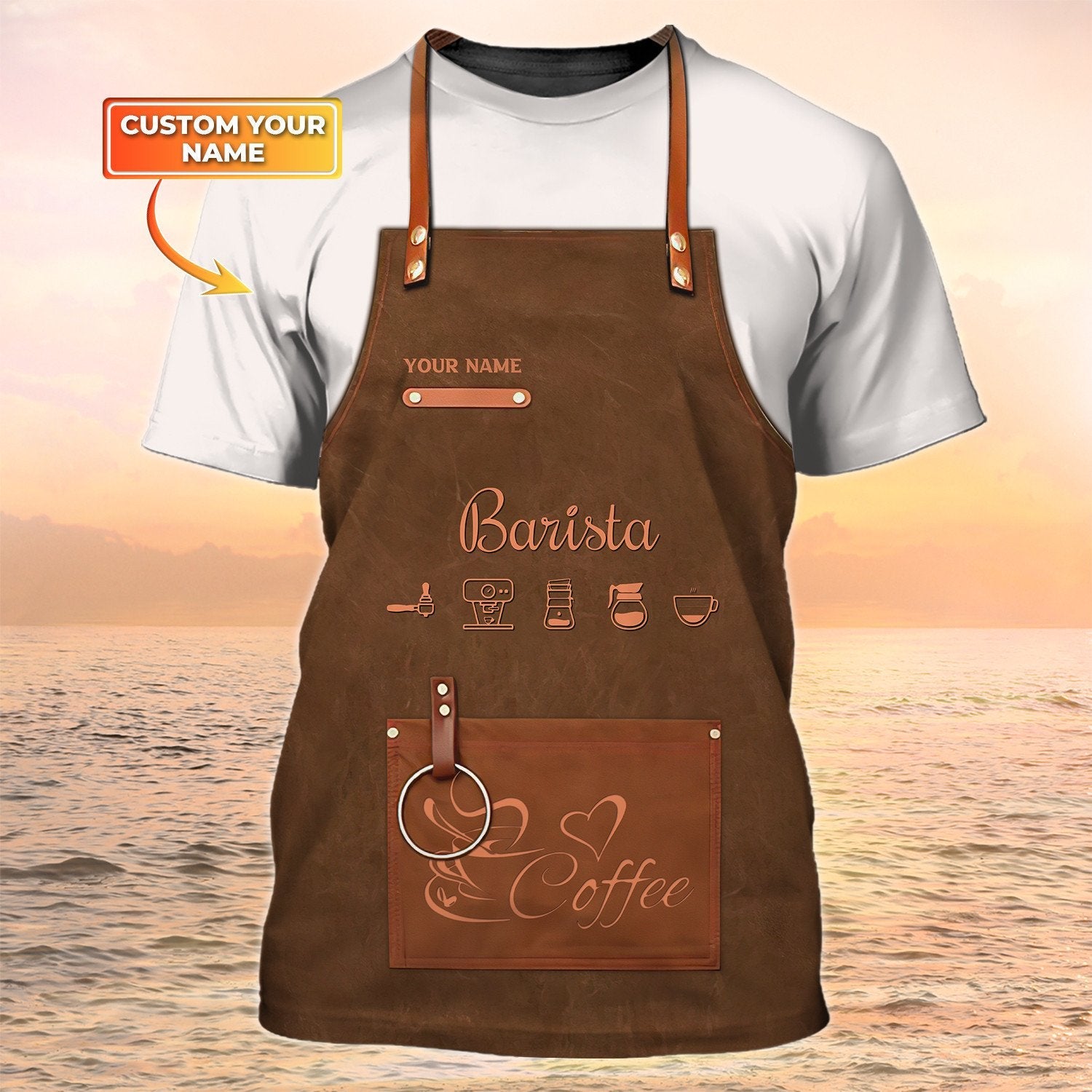 Personalized Barista Tshirt Apron 3D Print On Bartender Shirt Coffee Shop Uniform Brown