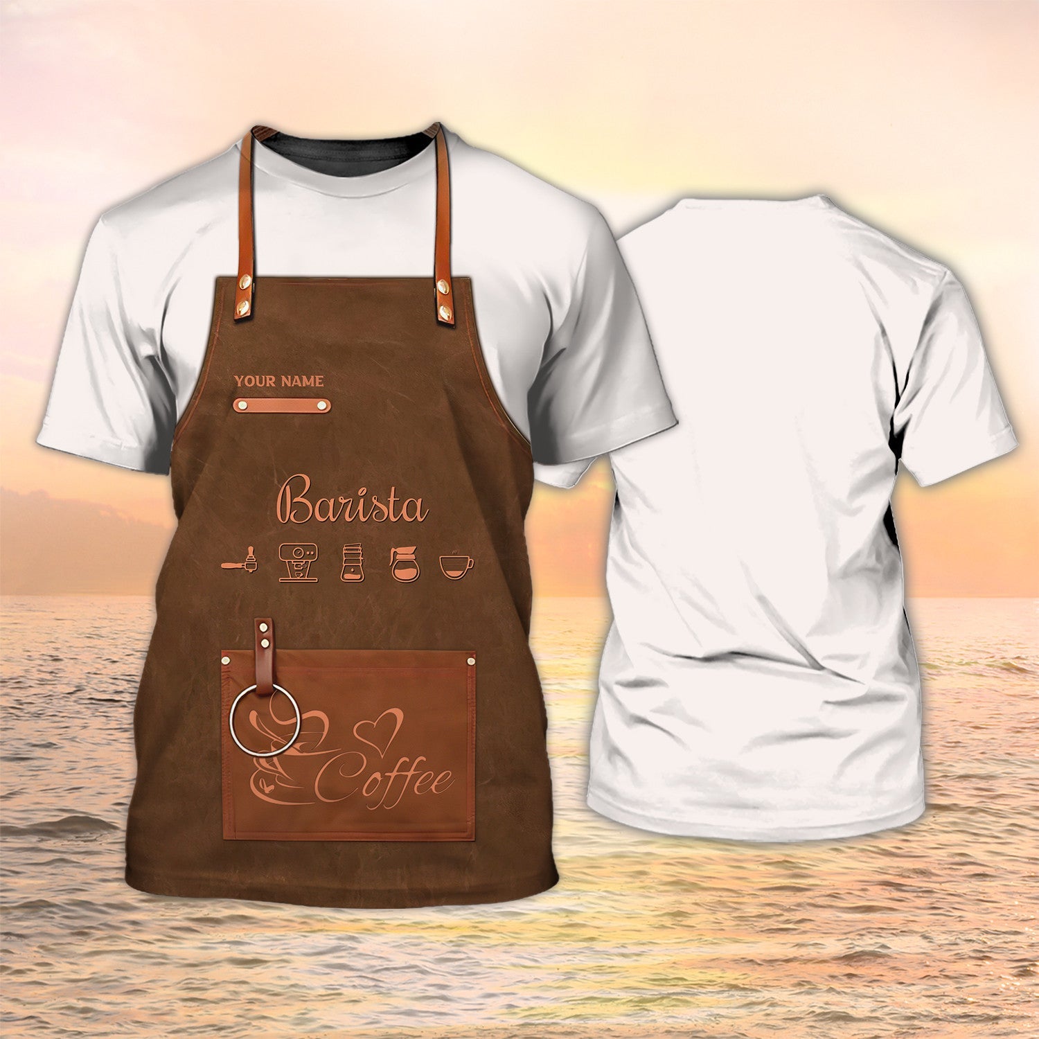 Personalized Barista Tshirt Apron 3D Print On Bartender Shirt Coffee Shop Uniform Brown