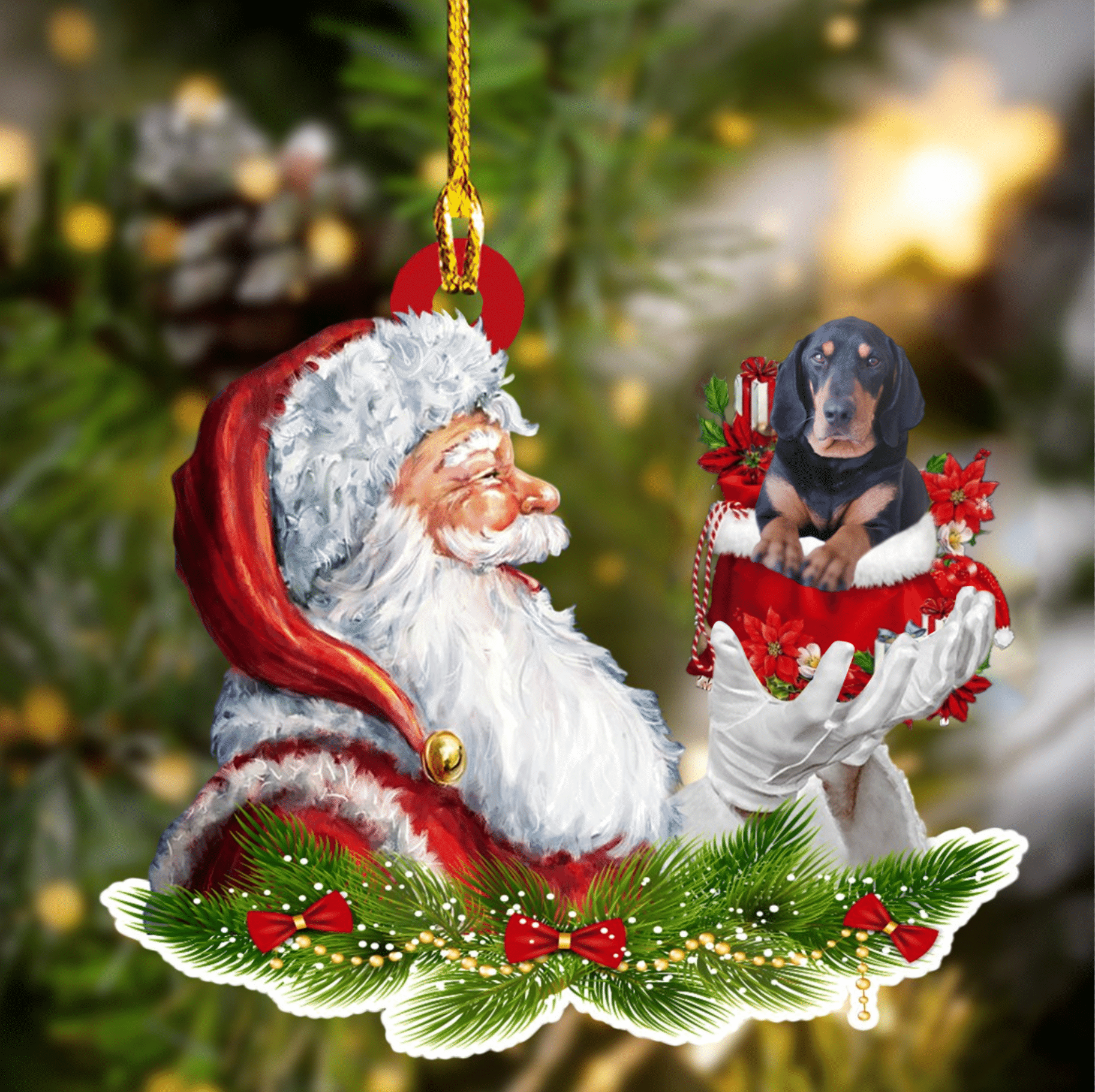 Black and tan Coonhound and Santa Christmas Ornament for Dog Lovers/ Dog Mom Acrylic Dog Ornament