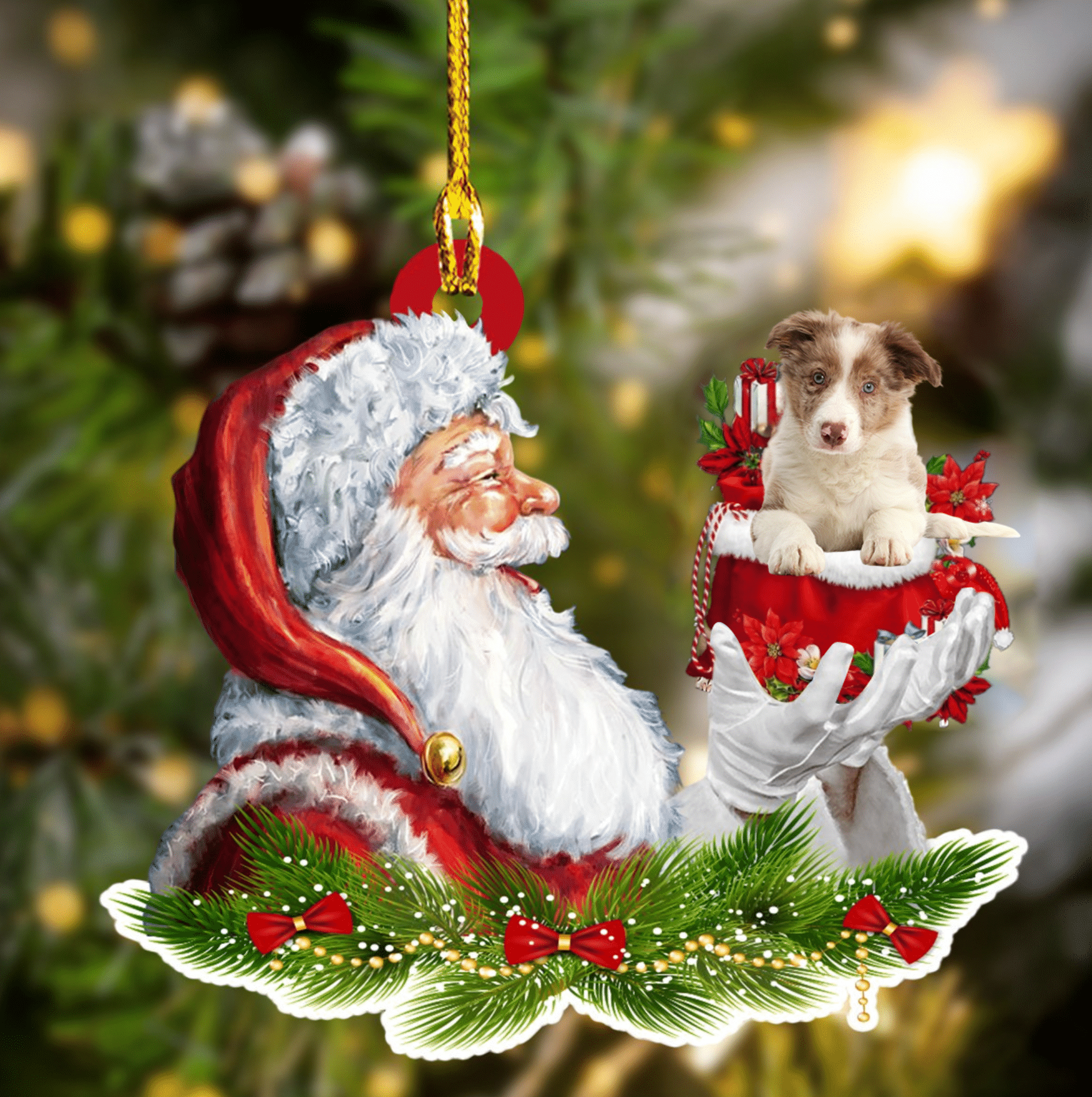 Red Border Collie and Santa Christmas Ornament for Dog Lovers/ Dog Mom Acrylic Dog Ornament