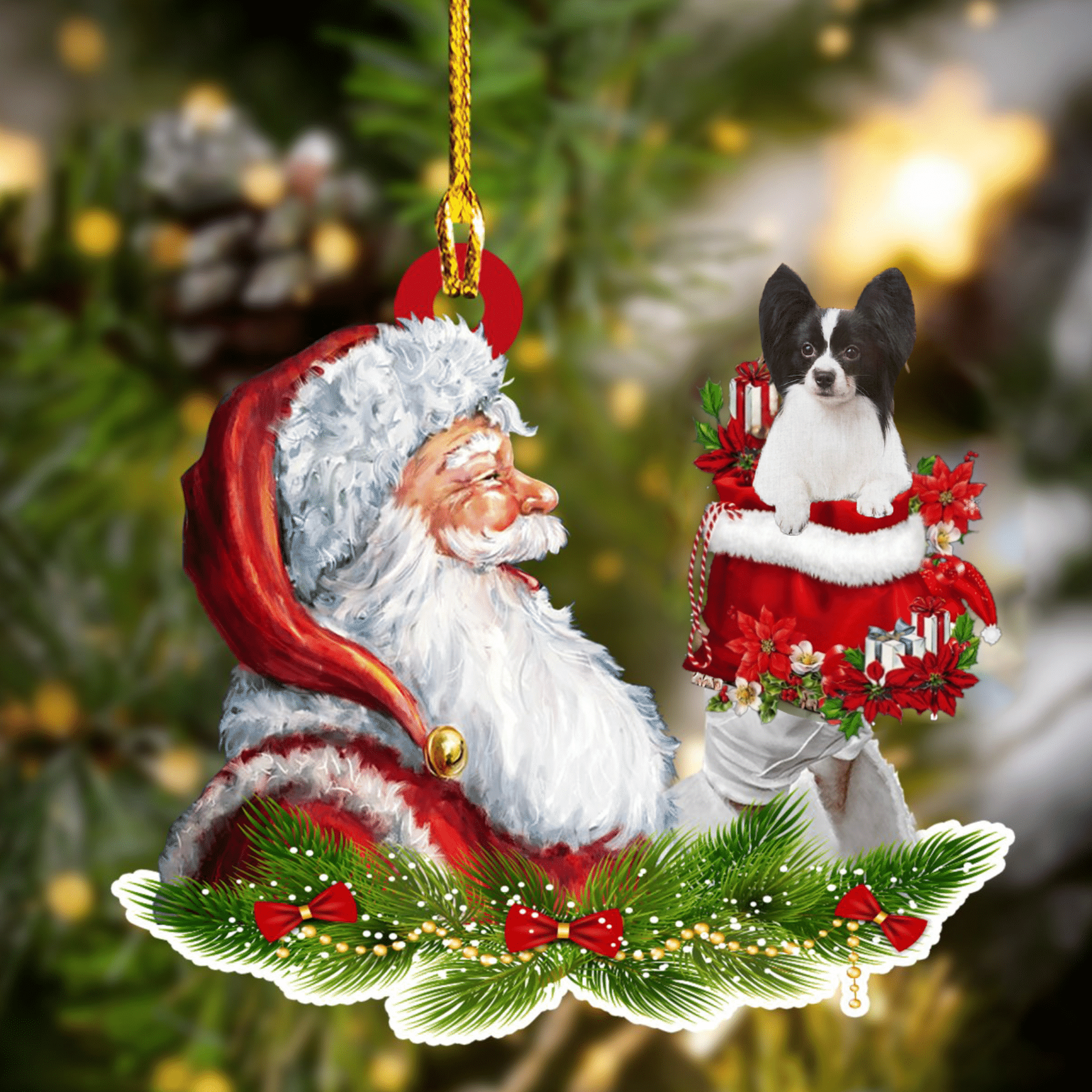 Papillon and Santa Christmas Ornament for Dog Lovers/ Dog Mom Acrylic Dog Ornament