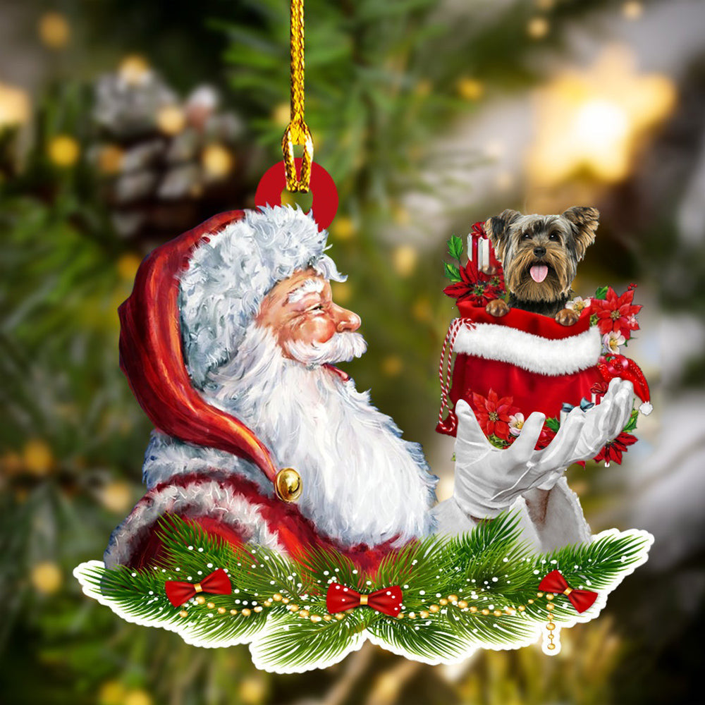 Yorkshire Terrier and Santa Christmas Ornament for Dog Lovers/ Dog Mom Acrylic Dog Ornament
