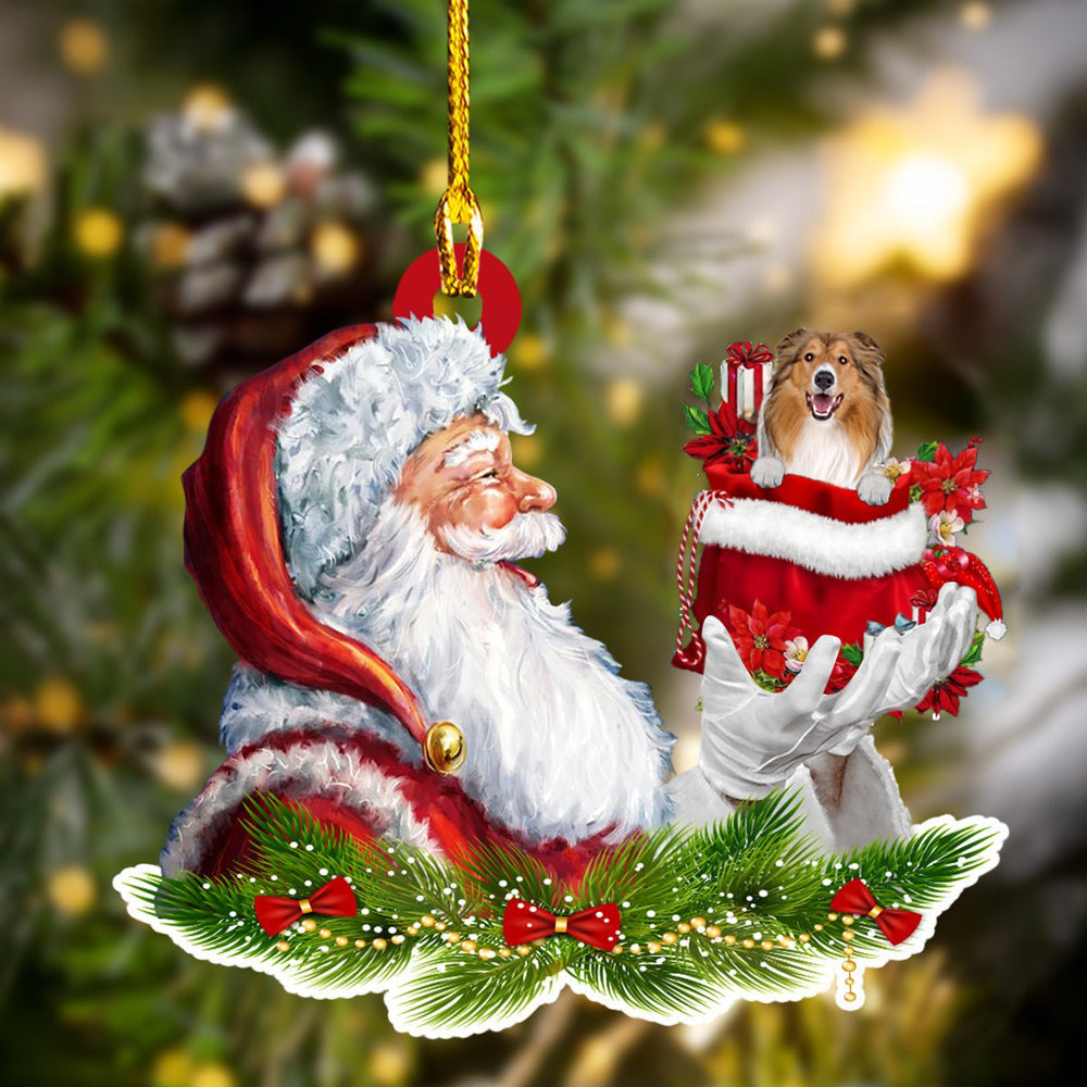 Rough Collie and Santa Christmas Ornament for Dog Lovers/ Dog Mom Acrylic Dog Ornament