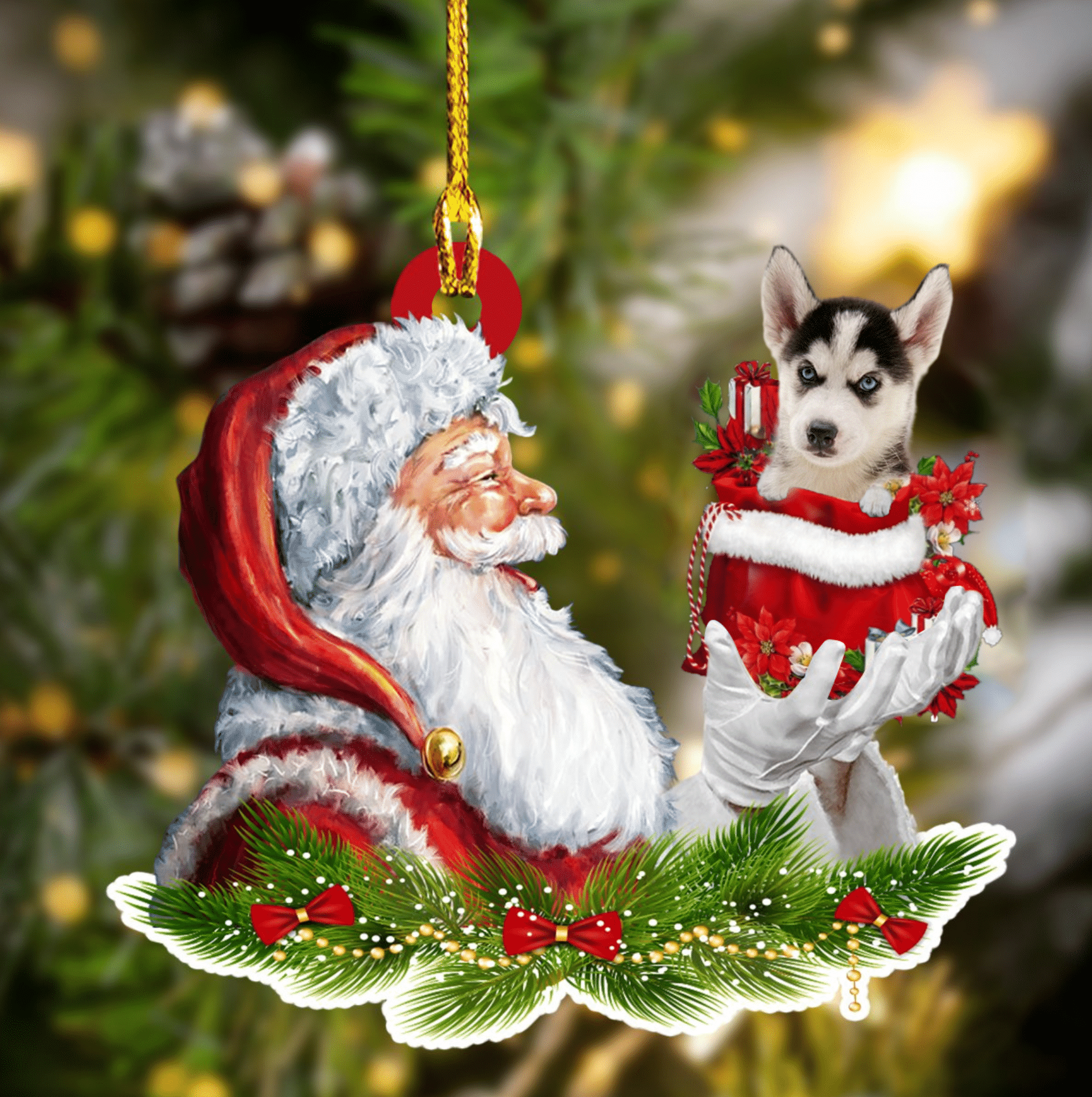 Husky and Santa Christmas Ornament for Dog Lovers/ Dog Mom Acrylic Dog Ornament