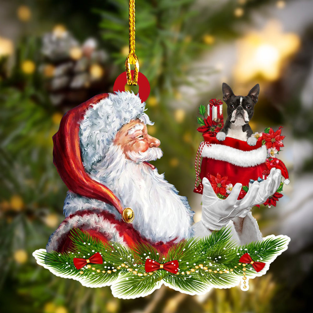Boston Terrier and Santa Christmas Ornament for Dog Lovers/ Dog Mom Acrylic Dog Ornament