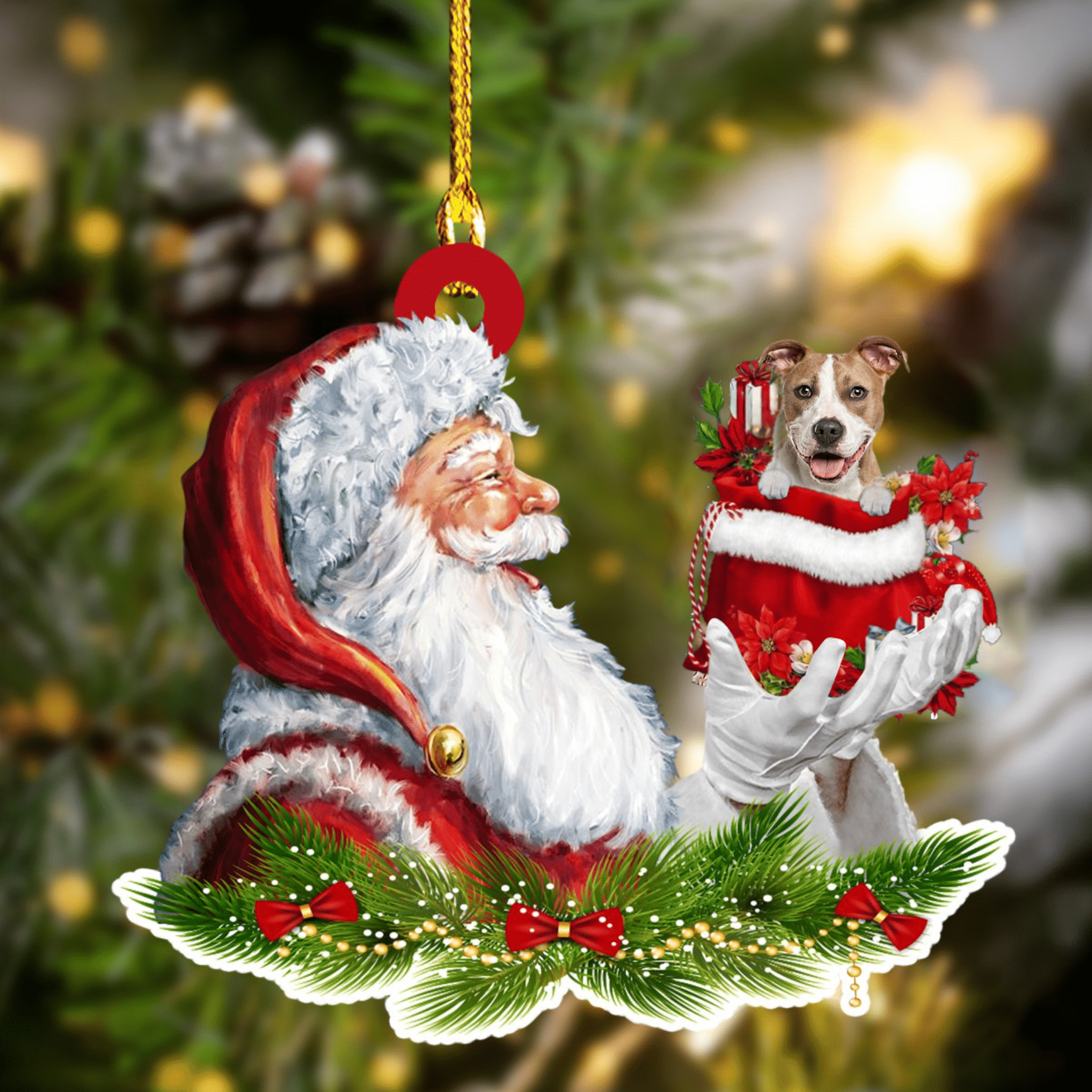 Pitbull and Santa Christmas Ornament for Dog Lovers/ Dog Mom Acrylic Dog Ornament