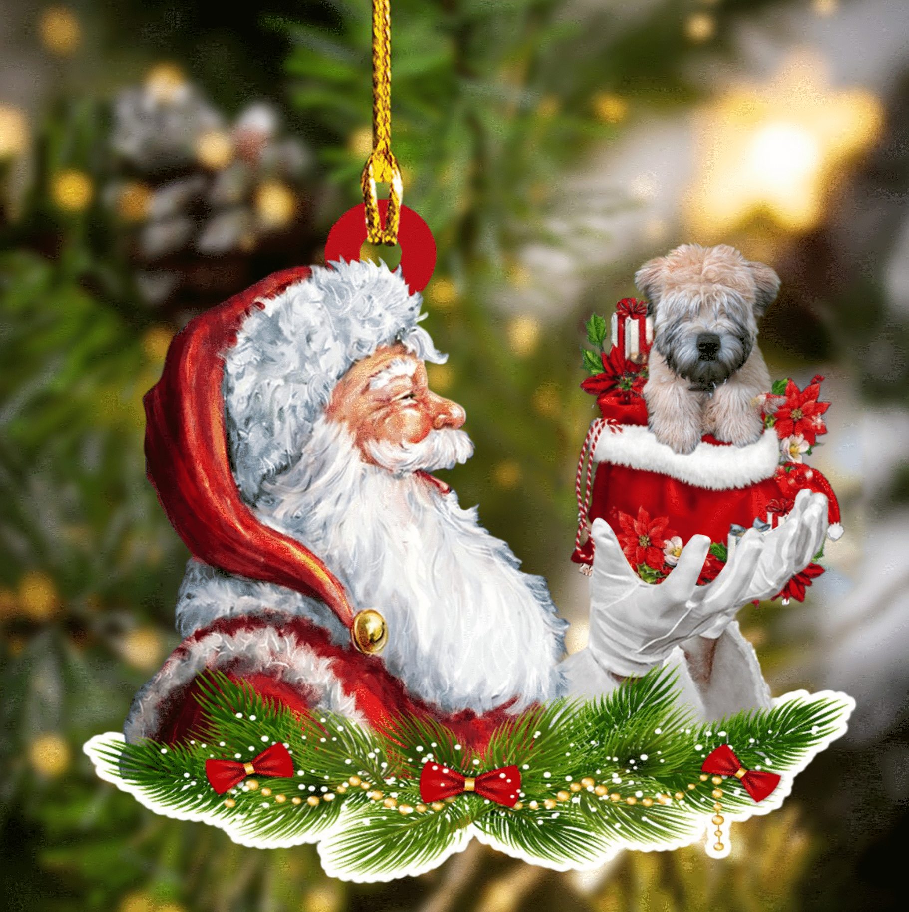 Soft Coated Wheaten Terrier and Santa Christmas Ornament for Dog Lovers/ Dog Mom Acrylic Dog Ornament