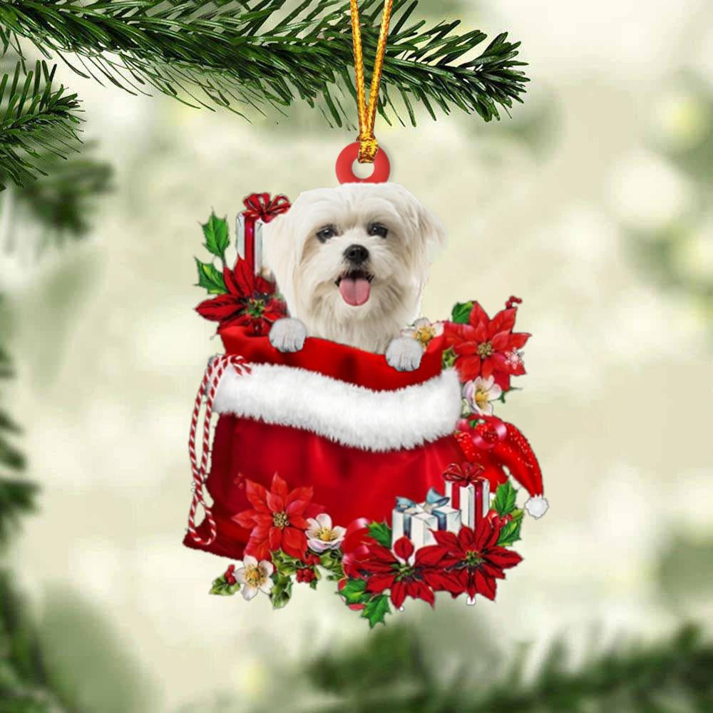 Maltese In Gift Bag Christmas Ornament for Dog Lovers Made by Acrylic