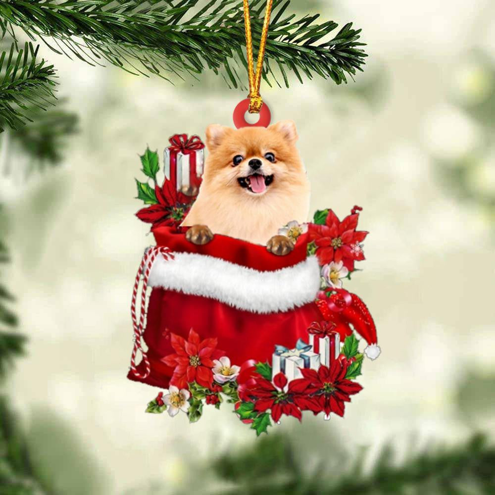 Pomeranian In Gift Bag Christmas Ornament for Dog Lovers Made by Acrylic