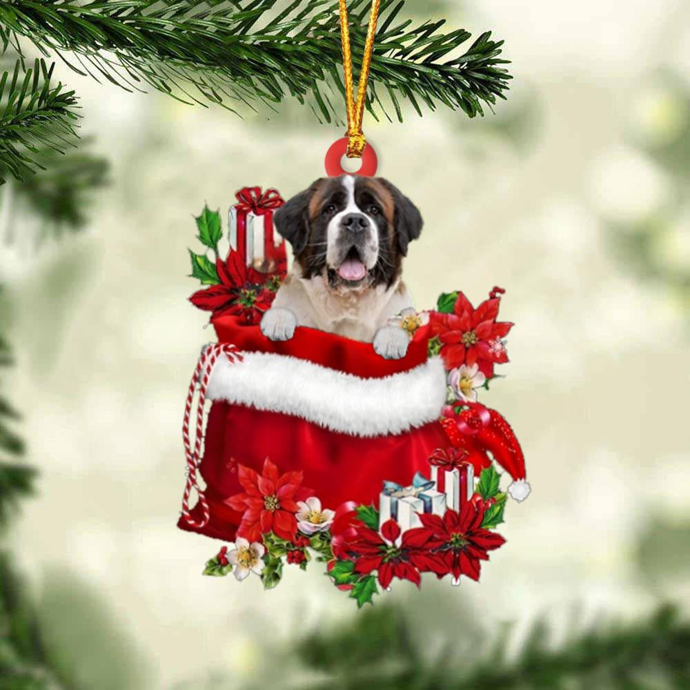 St Bernard In Gift Bag Christmas Ornament for Dog Lovers Made by Acrylic
