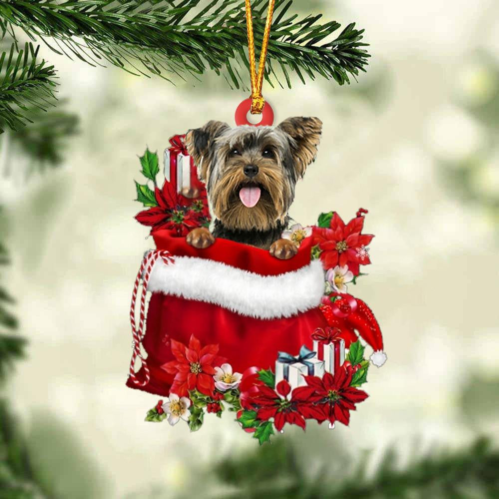 Yorkshire Terrier In Gift Bag Christmas Ornament for Dog Lovers Made by Acrylic