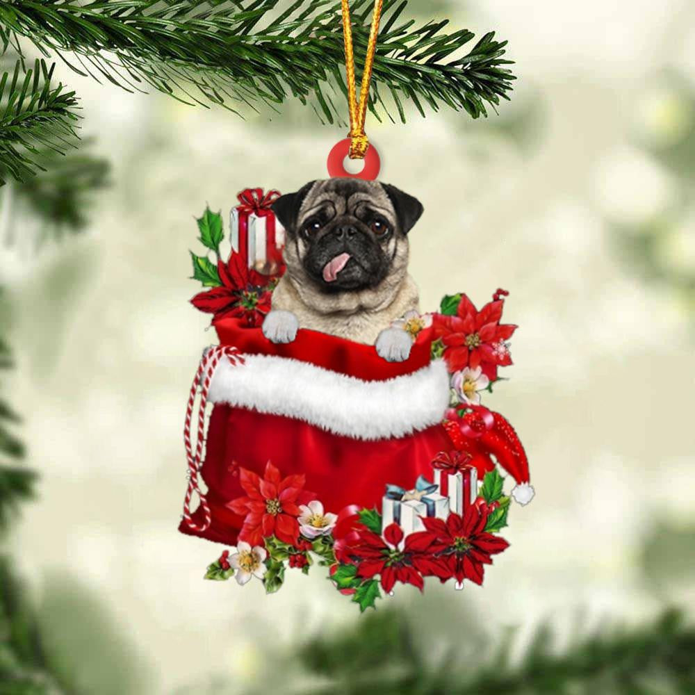 Pug In Gift Bag Christmas Ornament for Dog Lovers Made by Acrylic