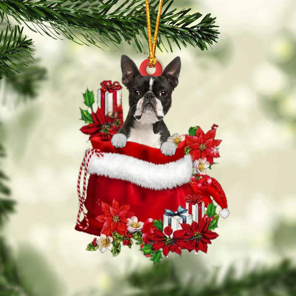 Boston Terrier In Gift Bag Christmas Ornament for Dog Lovers Made by Acrylic