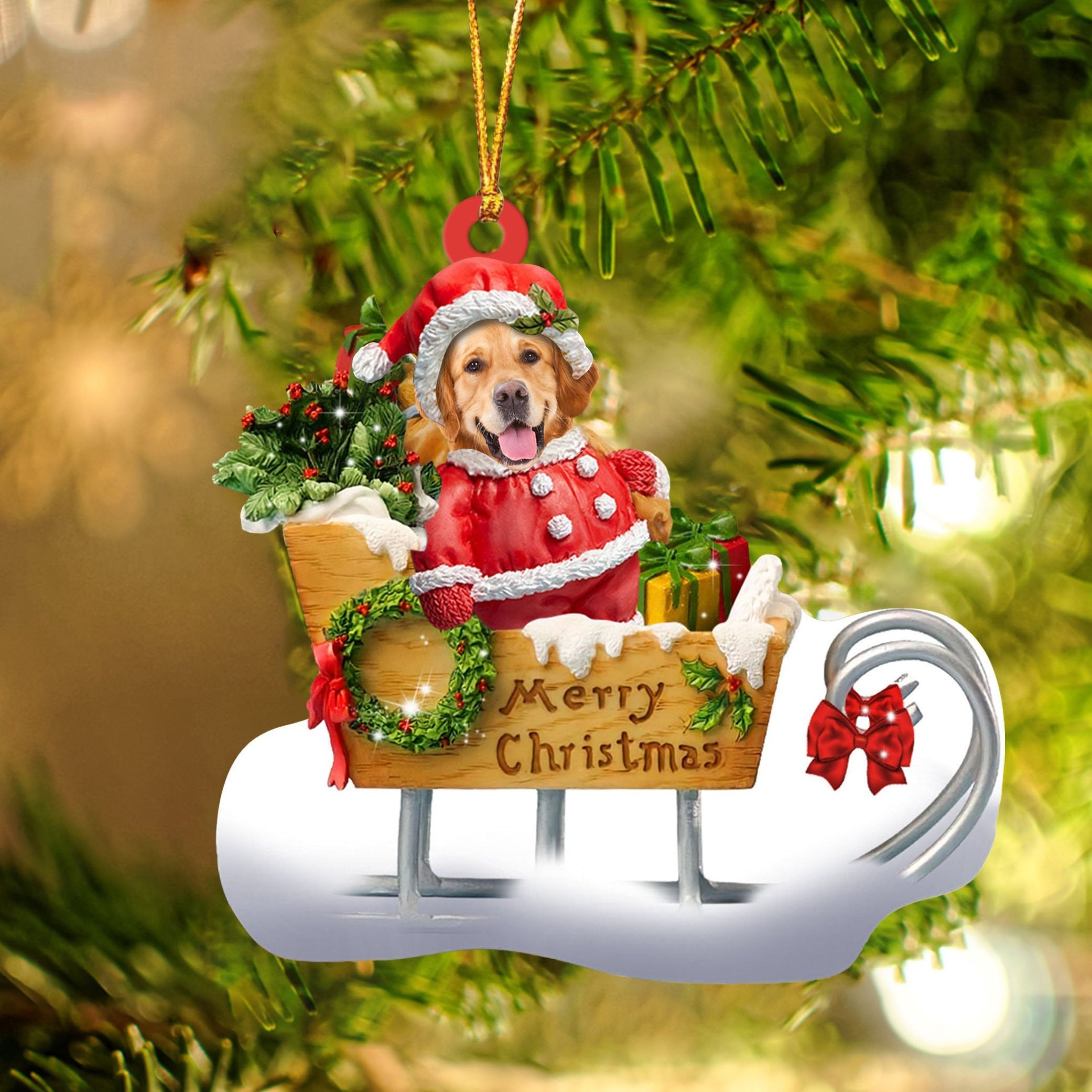 Golden Retriever Sitting On A Cute Sleigh Ornament Flat Acrylic Funny Dog Ornament