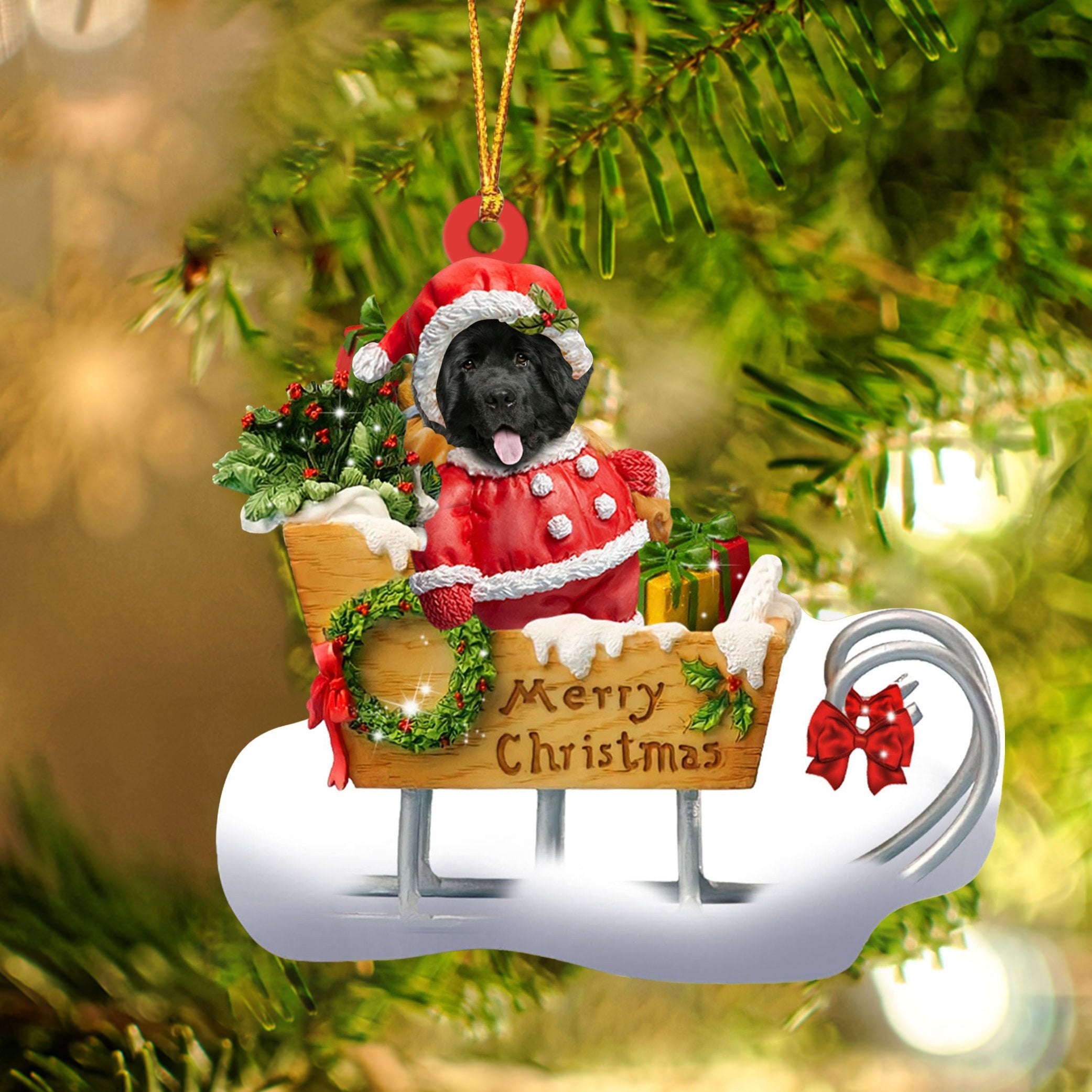 Newfoundland Sitting On A Cute Sleigh Ornament Flat Acrylic Funny Dog Ornament
