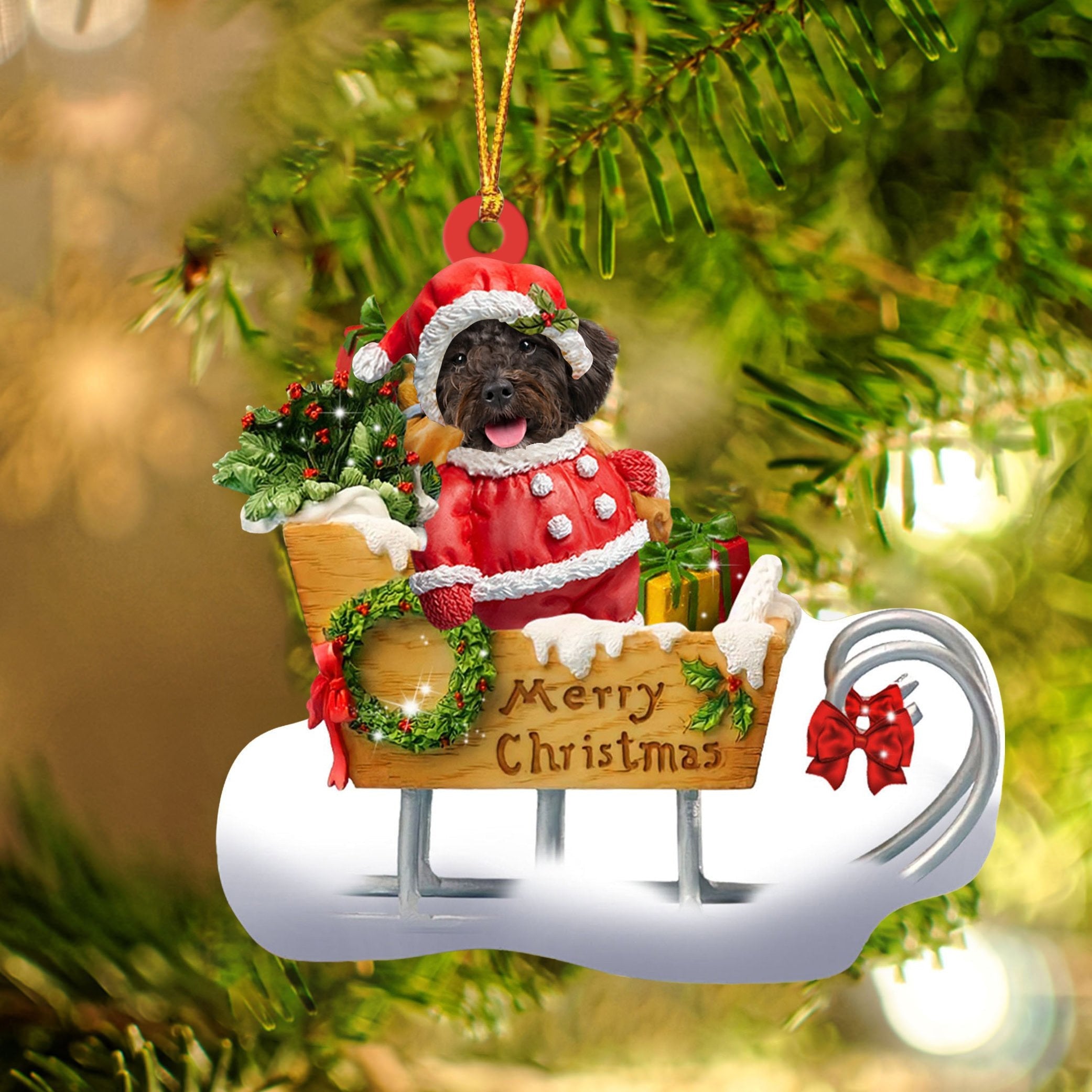 Schnoodle Sitting On A Cute Sleigh Ornament Flat Acrylic Funny Dog Ornament
