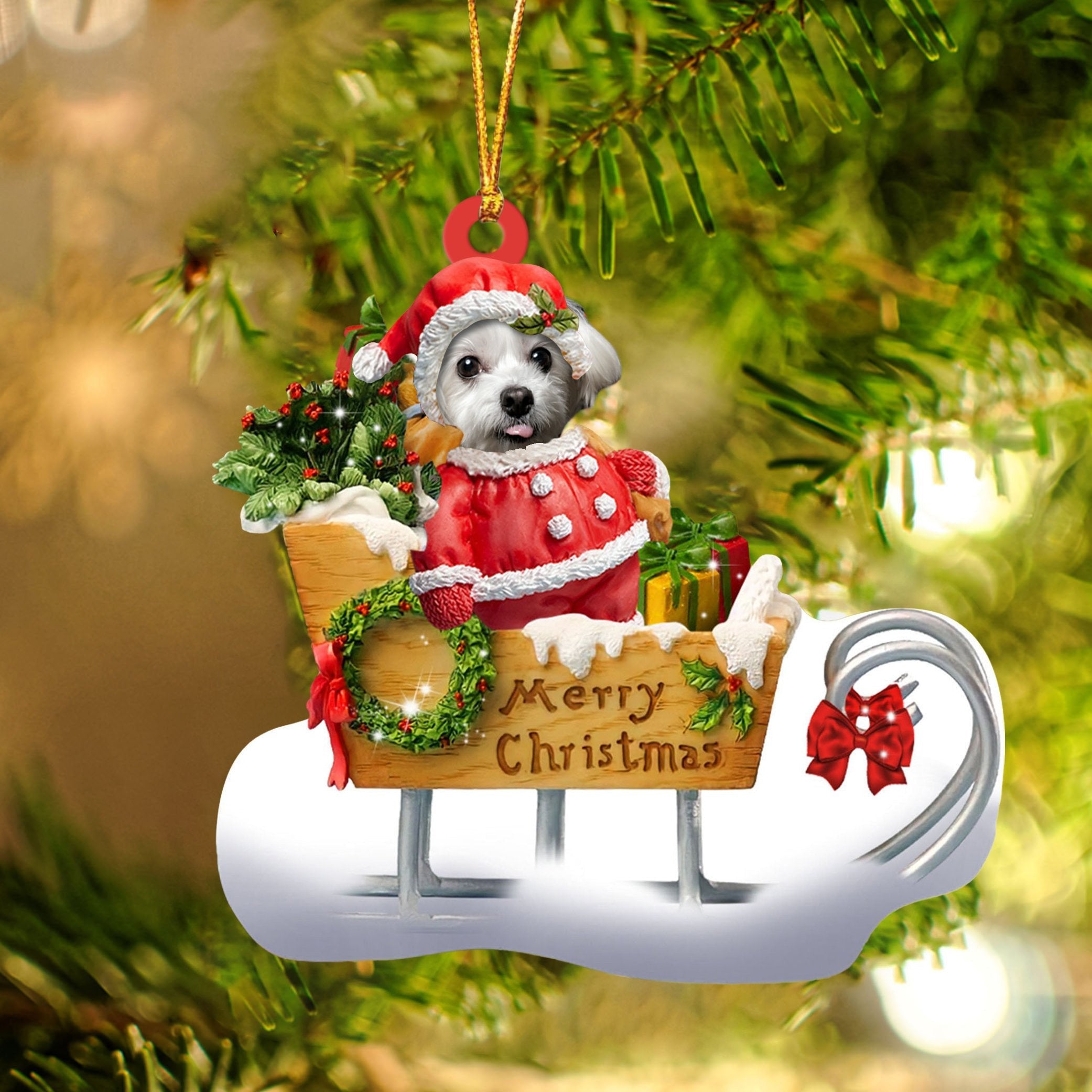 Maltese Sitting On A Cute Sleigh Ornament Flat Acrylic Funny Dog Ornament