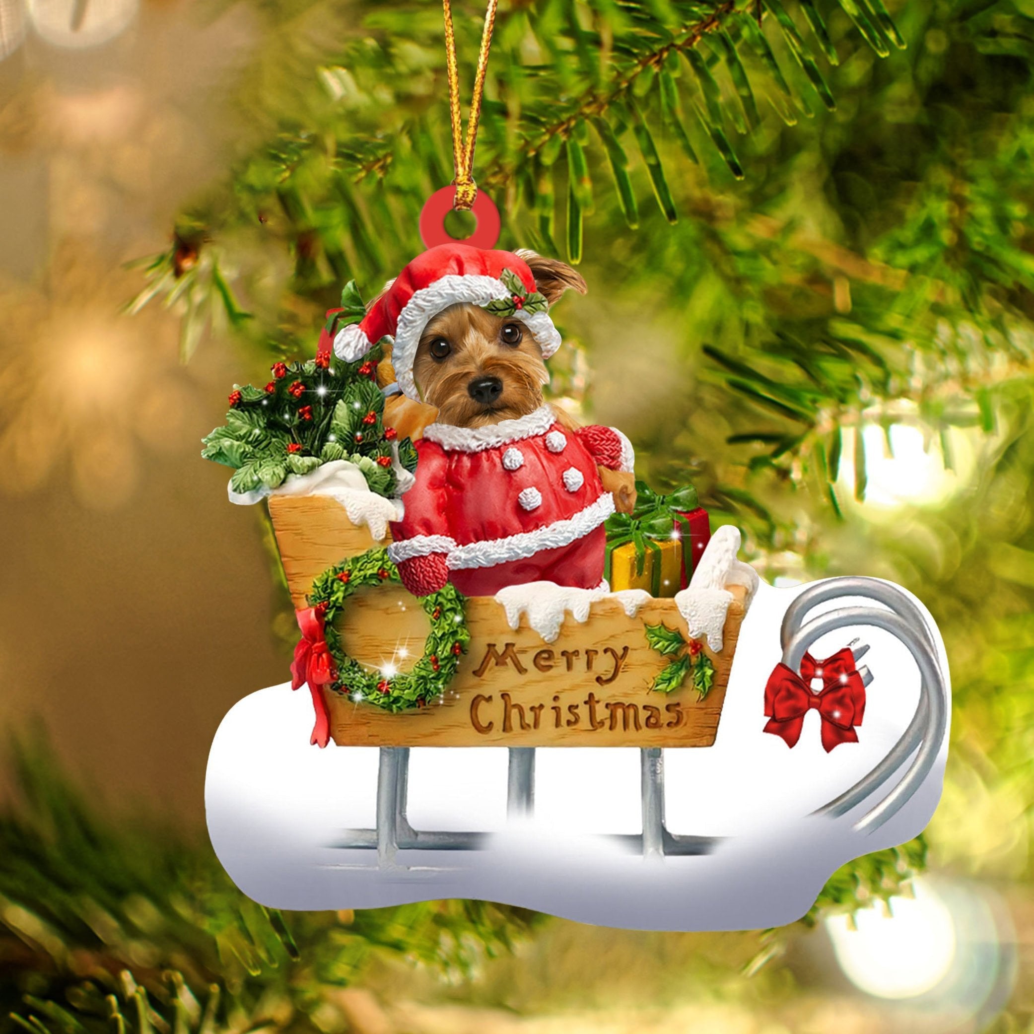 Yorkshire Terrier Sitting On A Cute Sleigh Ornament Flat Acrylic Funny Dog Ornament