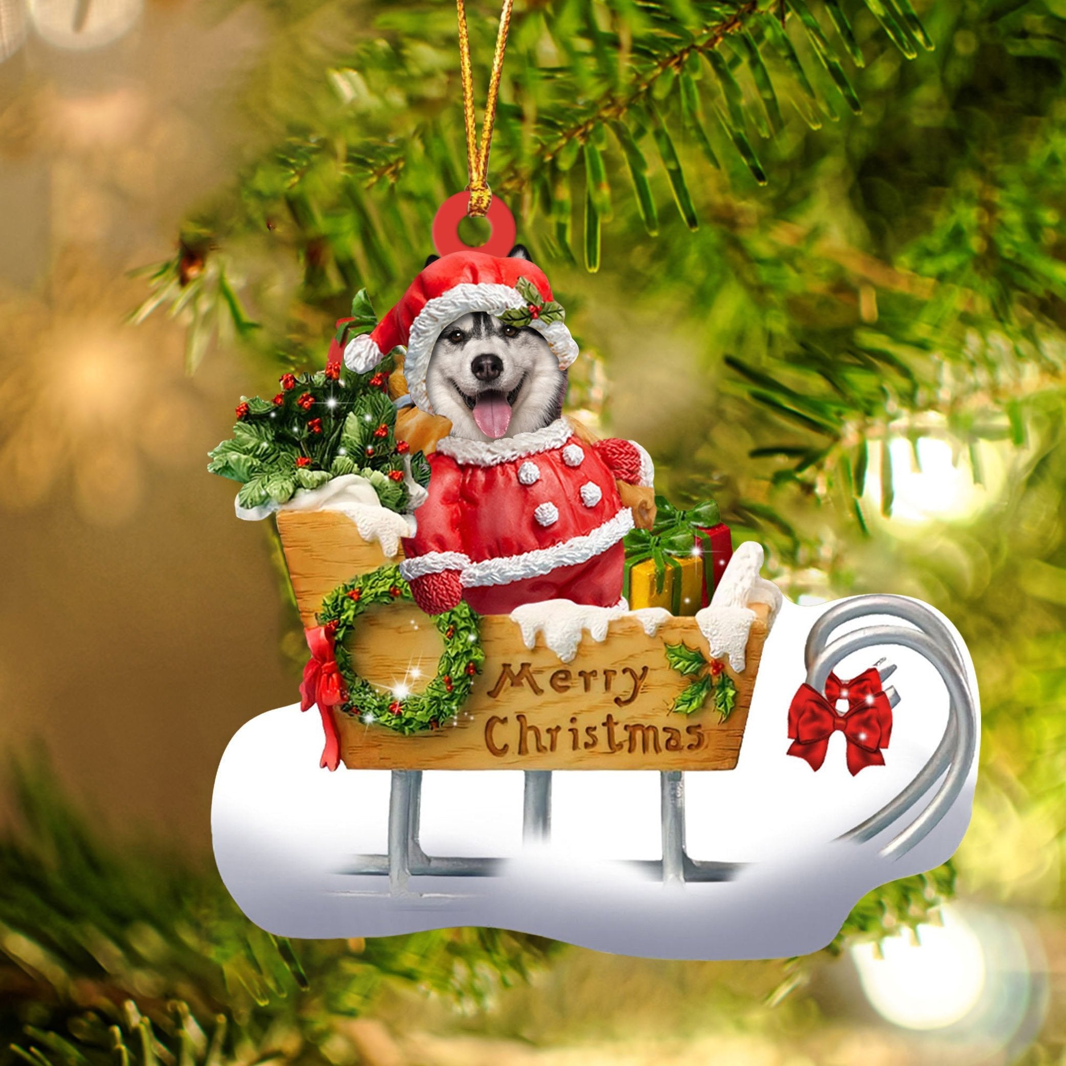 Husky Sitting On A Cute Sleigh Ornament Flat Acrylic Funny Dog Ornament