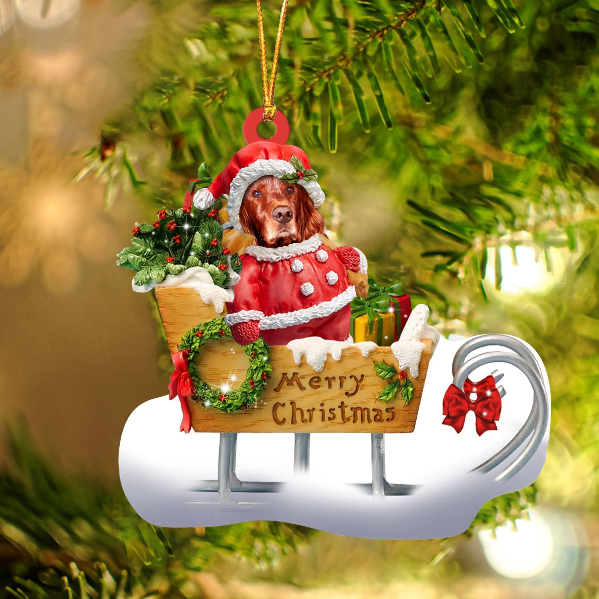 Irish Setter Sitting On A Cute Sleigh Ornament Flat Acrylic Funny Dog Ornament
