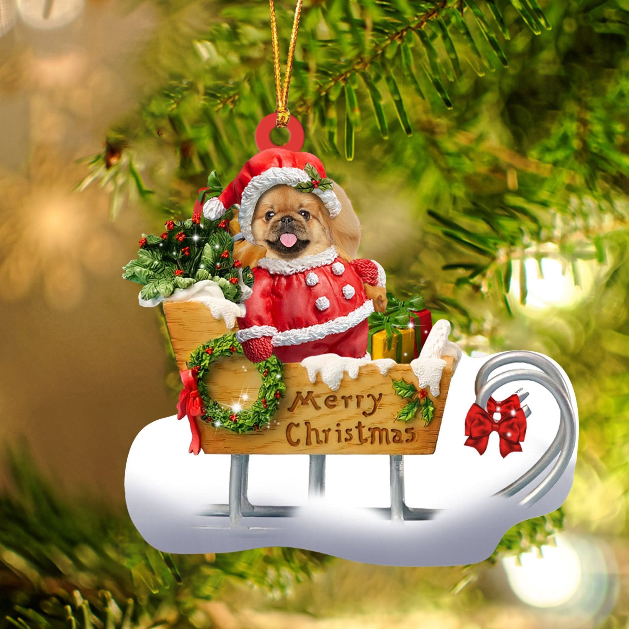 Pekingese Sitting On A Cute Sleigh Ornament Flat Acrylic Funny Dog Ornament